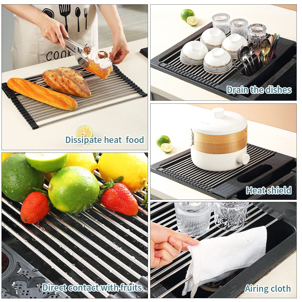 Berglander Dish Drying Rack Over The Sink  L17.5 by W 15'' Rollable Stainless Steel Dish Rack with Removable Storage Basket  Perfect for Kitchen Sink