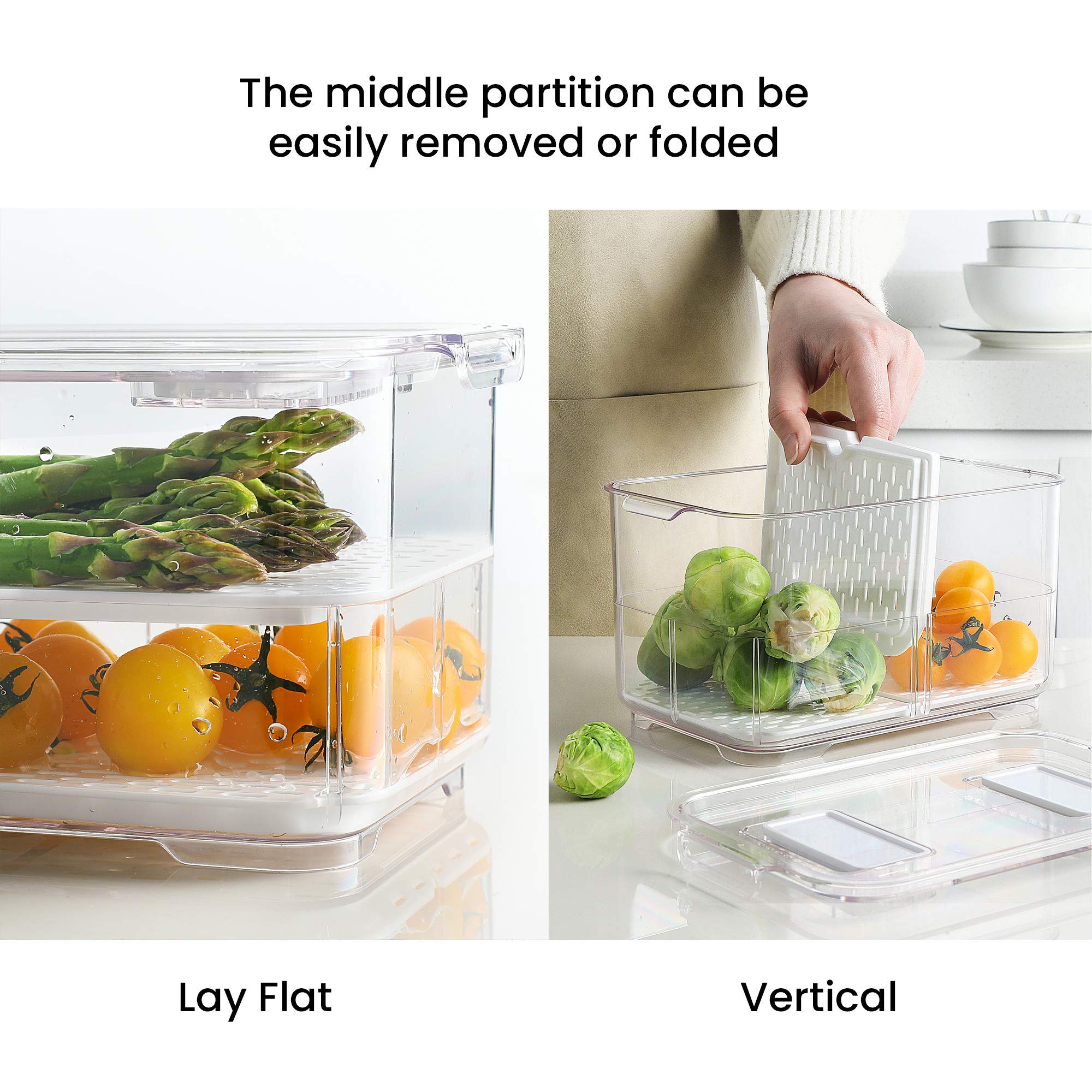 vacane Produce Saver with Lids  2 Piece Fruit Vegetable Storage Container with Vents Stackable Fridge Drawers Organizer Salad Lettuce Keeper For Refrigerator Bpa-free Fresh Keeper 5.7L&2.8L
