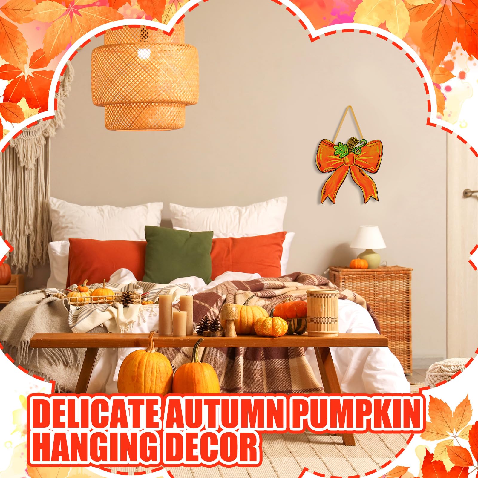 RattanView Preppy Pumpkin Bow Wooden Hanging Sign Thanksgiving Bowknot Wall Hanging Fall Coquette Bow Welcome Door Sign Girly De