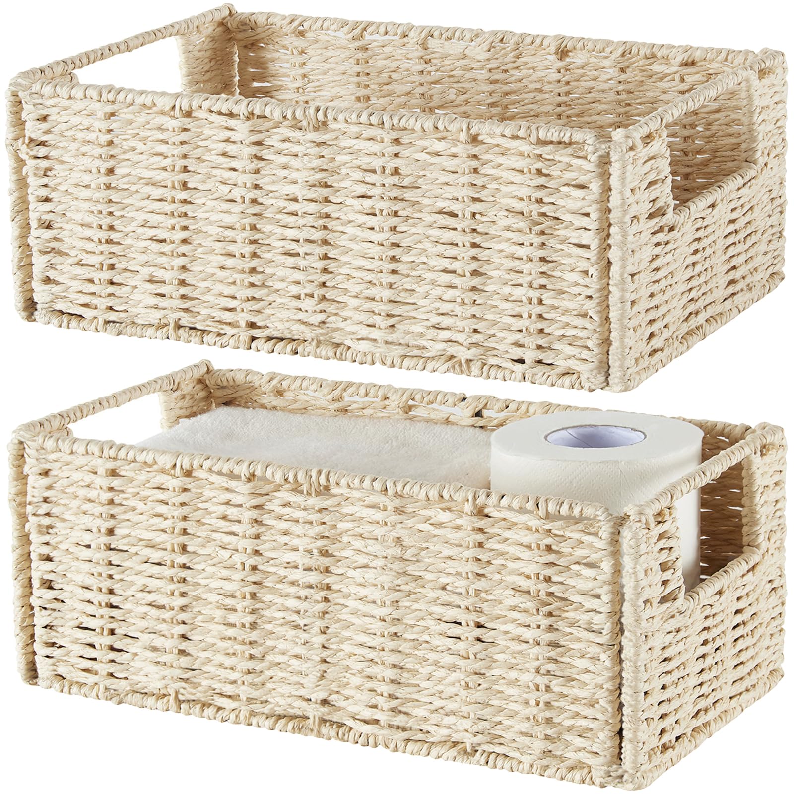 Vagusicc Storage Basket, Set Of 2 Wicker Basket, Hand-Woven Paper Rope Storage Baskets For Organizing, Foldable Rectangular Cube