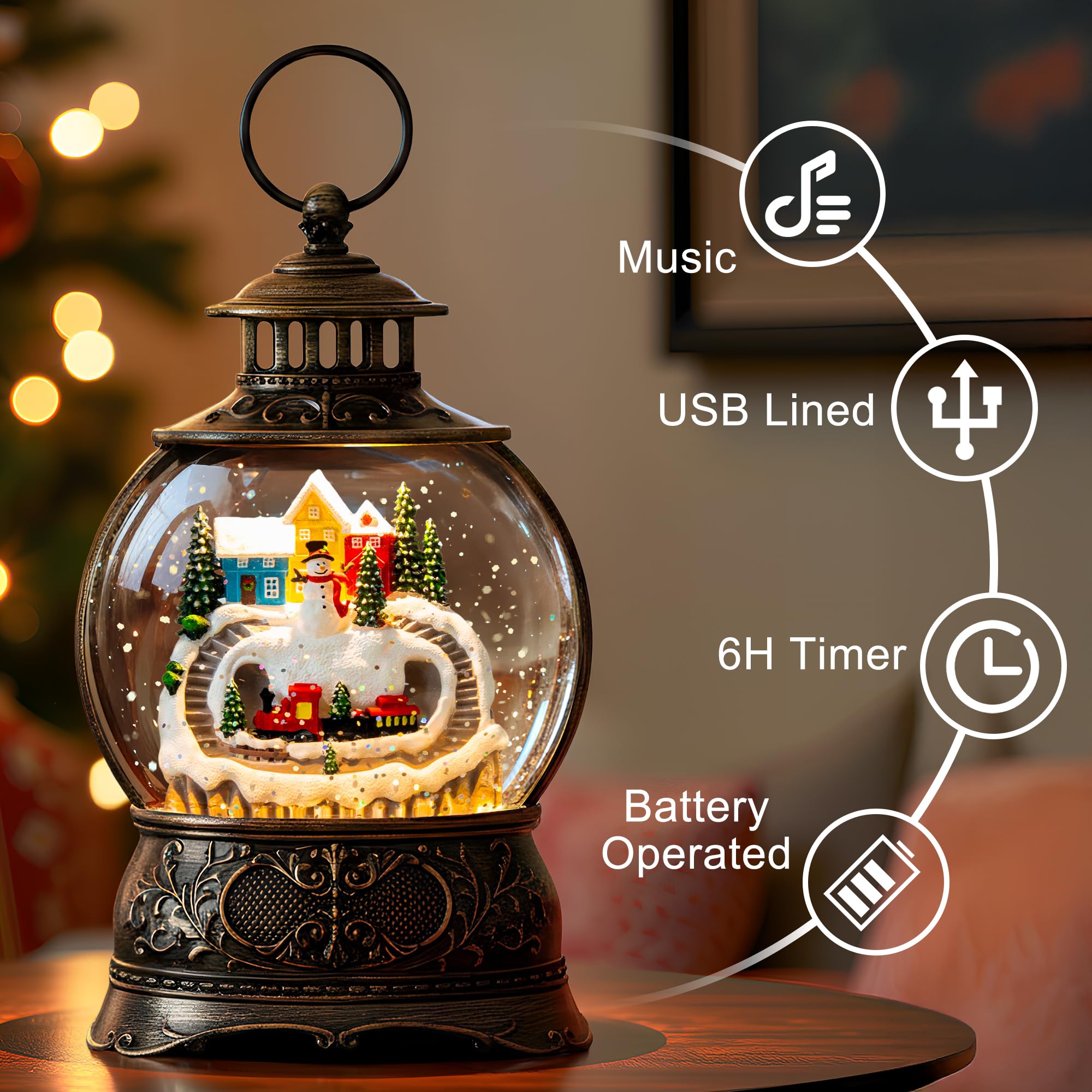 Christmas Village Snow Globe Water Lantern with Snowman and Train Scene Battery Operated or USB Powered Musical Lighted Holiday