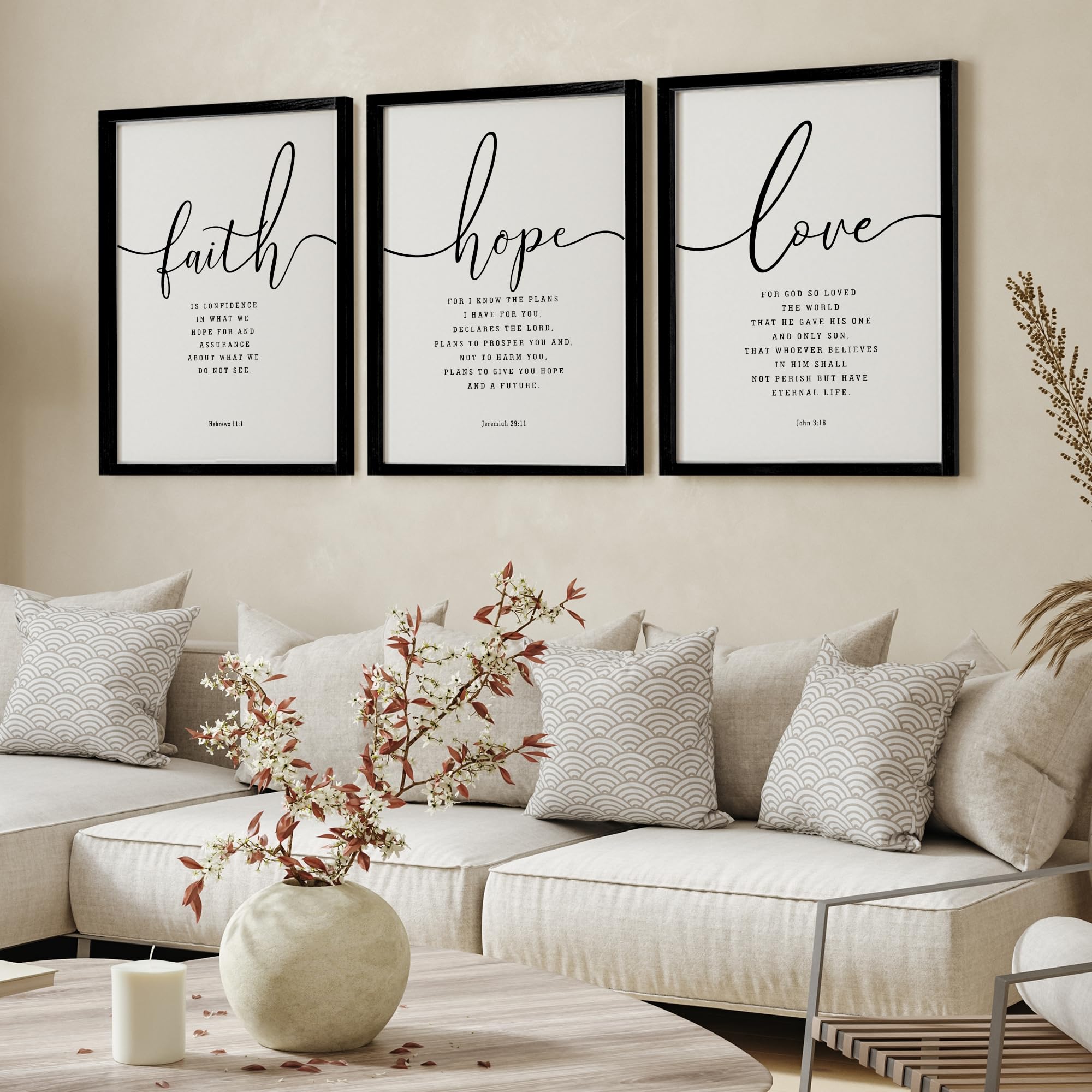 Houmury 3Pcs Framed Faith Hope Love Bible Verses Wall Art Farmhouse Religious Quotes Wall Decor Inspirational Wall Art (Black, 1