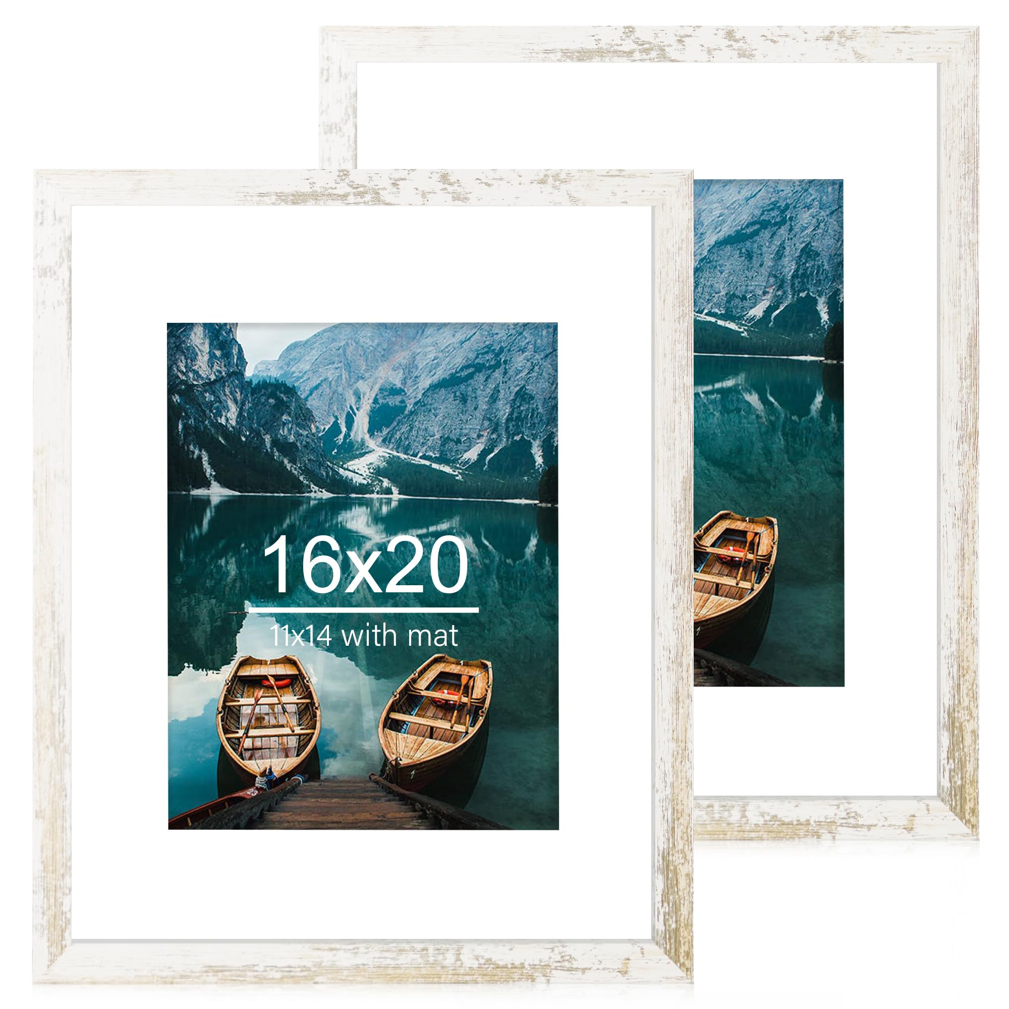 Hongkee 16x20 Frames Set of 2, Distressed White Wood Style - Display 16 x 20 Picture without Mat or 11x14 Picture with Mat, Wall