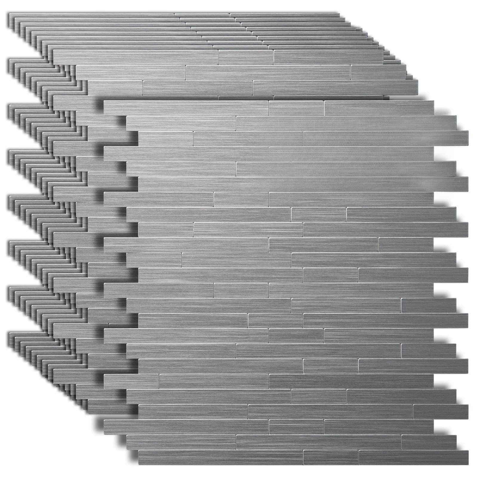 Art3d 10-Pack Self-Adhesive Metal Backsplash Peel and Stick Tile for Kitchen, 12 x 12 Silver Parallel