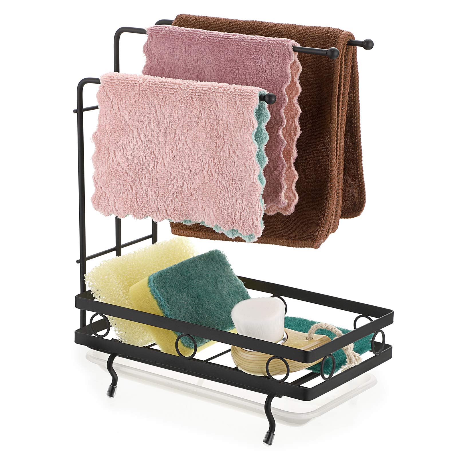 Juxyes Kitchen Sink Caddy Sponge Holder With Dishcloth Drying Rack, Kitchen Rag Stand Sponge Brush Soap Dish Dishcloth Rack Sink