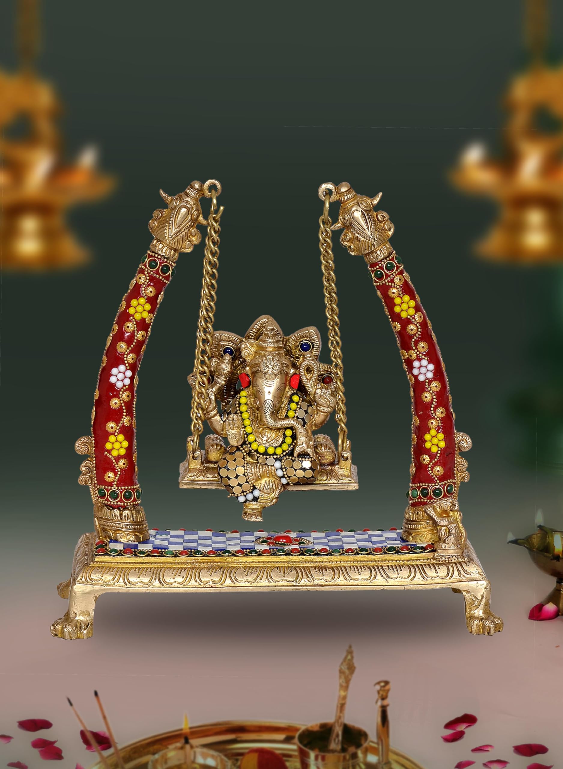 Aona Brass Ganesha Swing Sculpture Handcrafted Ganesha Swing - Intricately Designed Lord Ganesh Jhula For Home Decor And Temple,