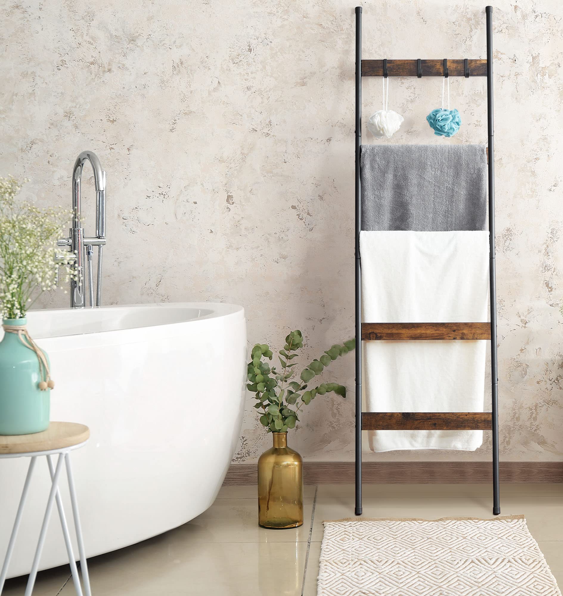 Elyken Blanket Ladder For Living Room, Farmhouse 5 -Tier Quilt Holder With 4 Removable Hooks For Bathroom, Wood Towel Rack Displ