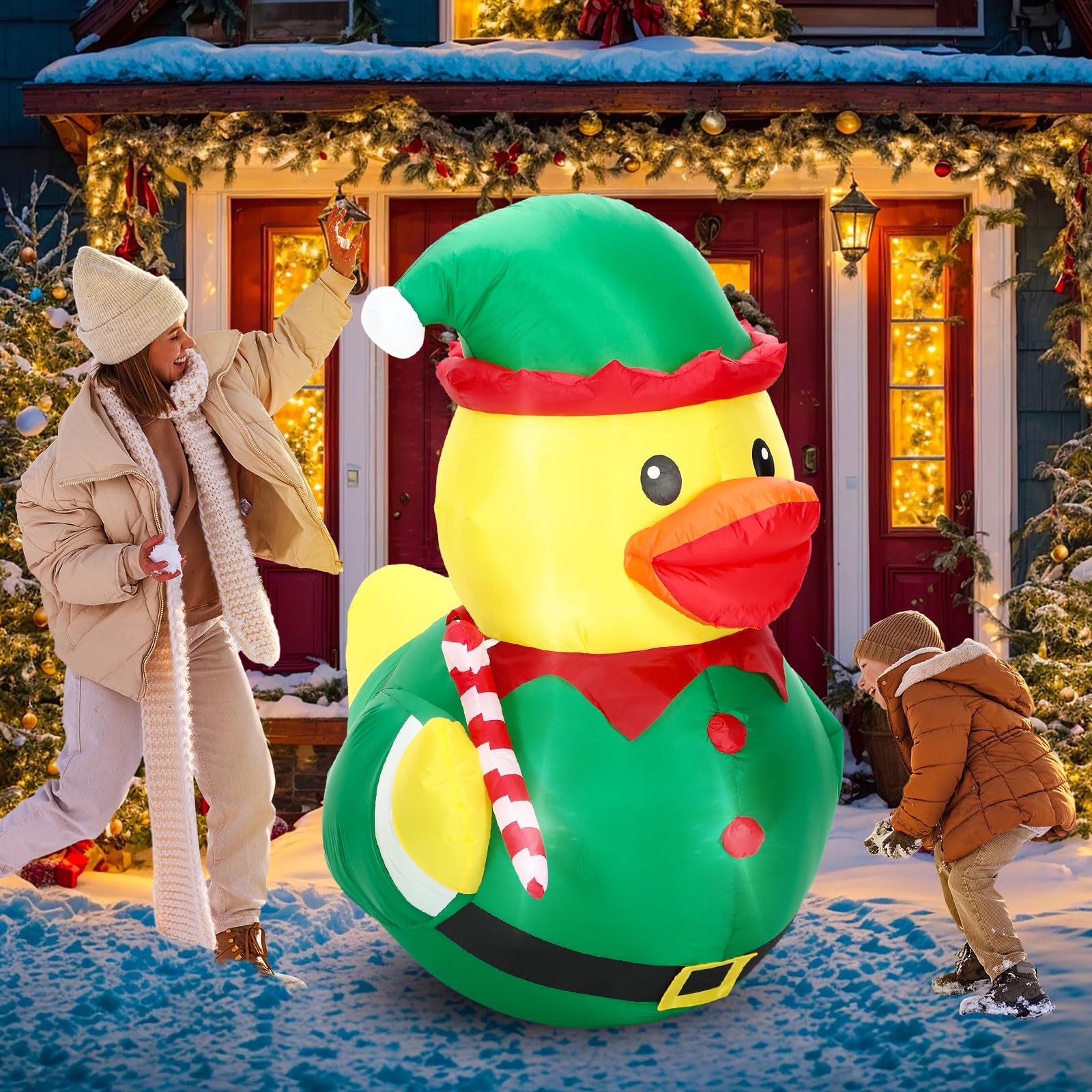 Leyndo 5FT Christmas Inflatables Decoration Outdoor Giant Christmas Elf Duck Inflatables Blow Up Duck with Build-in LEDs Lights
