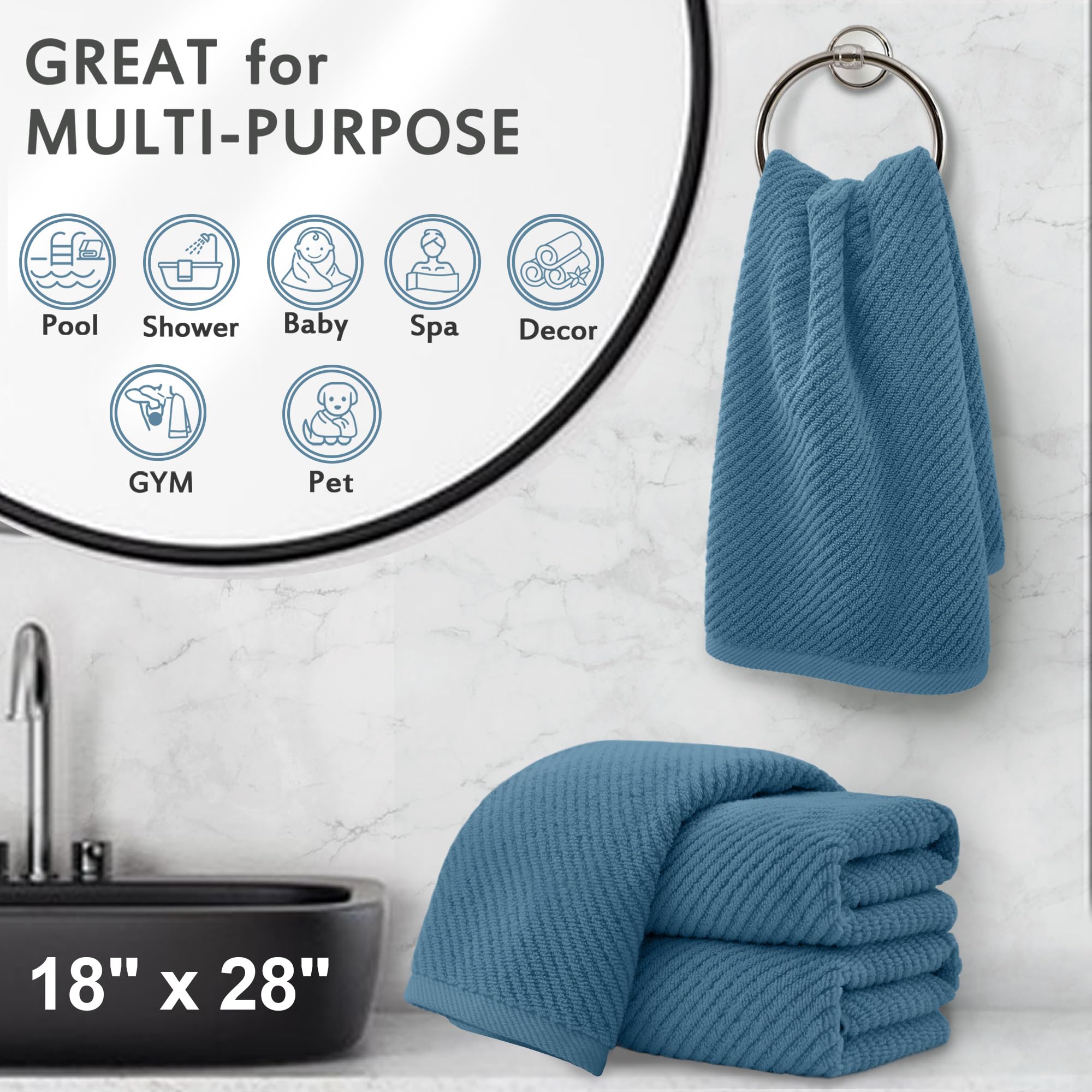Voova & Movas Hand Towels For Bathroom Set Of 4, Large 18'' X 28'', 100% Cotton | Lightweight | Thick | Quick Dry | Soft | Absor