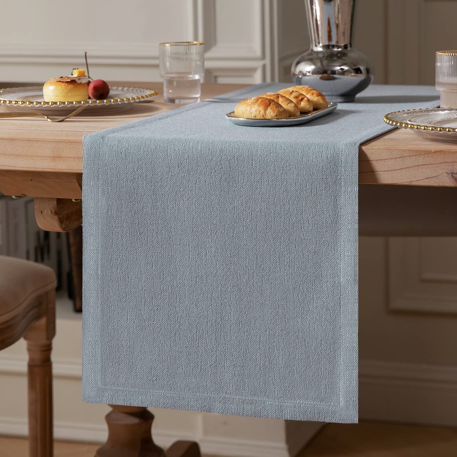 Zeemart Burlap Style Farmhouse Table Runners 36 Inches Long, Dusty Blue Rustic Woven Dining Table Runner For Everyday Use, 14X36