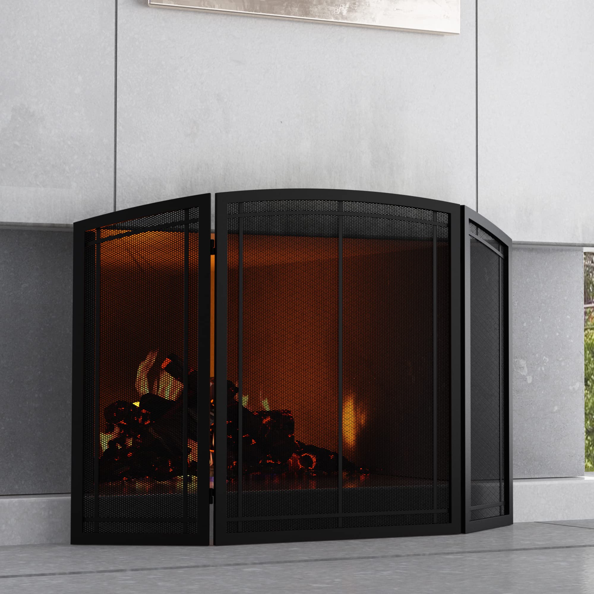 Firebeauty Fireplace Screen 3 Panel Wrought Iron Black Metal 48''(L) X30(H) Spark Guard Cover (Modern)