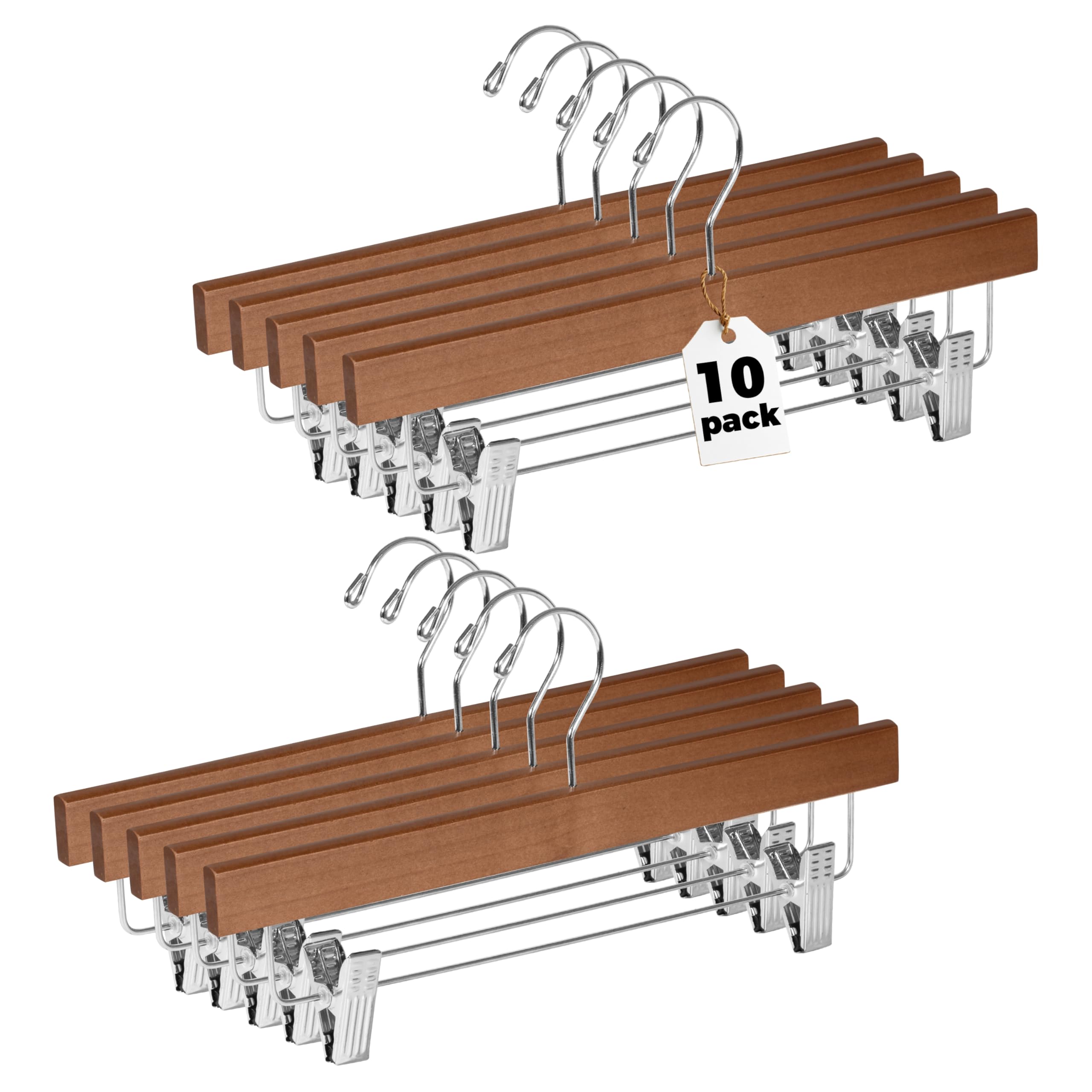 Quality Wooden Pants Hangers Skirt Hanger Jeans Hanger Bottom Hanger  Swivel Hook  Adjustable Clips (Walnut - Chrome Hook  10)