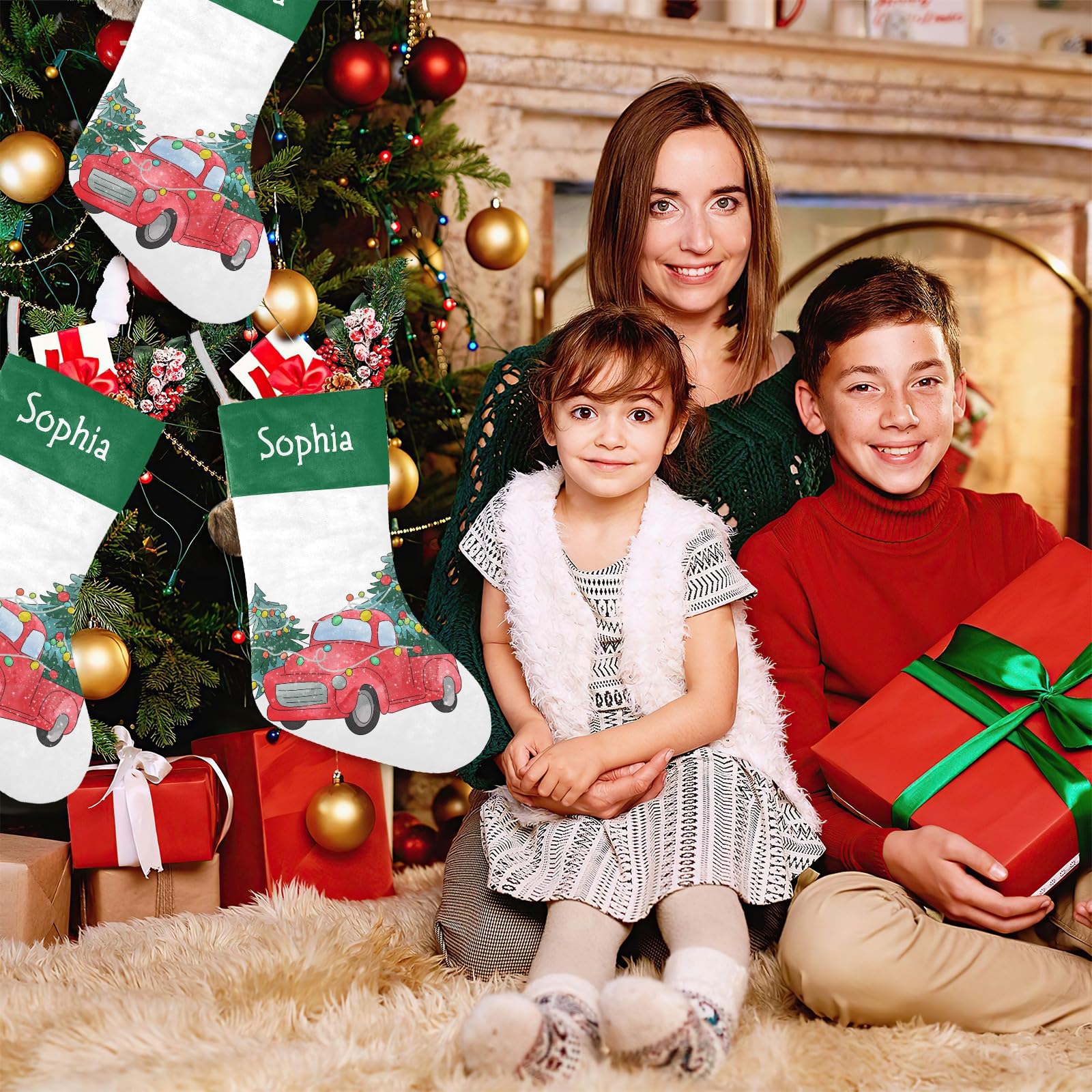 Christmas Truck Christmas Stockings Custom Name Party Family Decor Festive Santa Candy Gift Bag Socks 17.52 x 7.87 Inch