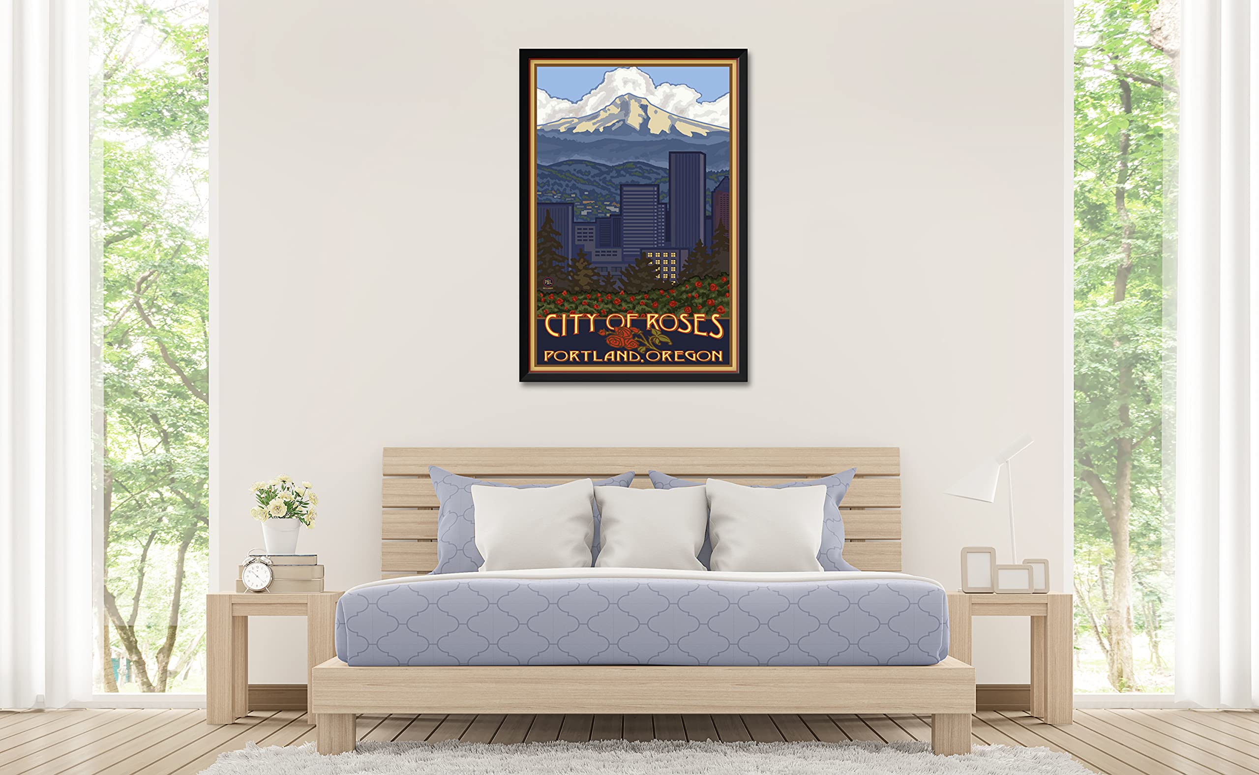 Portland Oregon Skyline Professionally Framed Art Print From Travel Artwork By Artist Paul A. Lanquist Framed Art Size: 32'' X 4