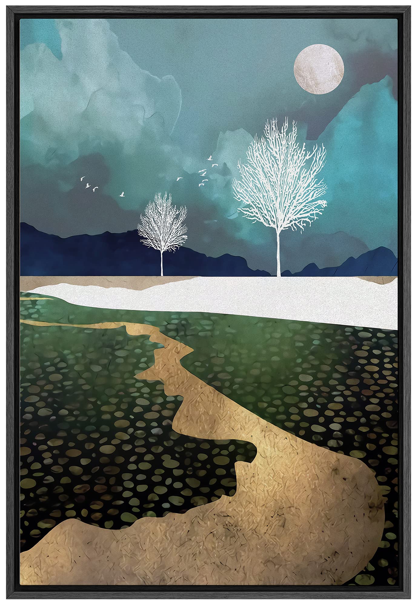 Signford Framed Canvas Print Wall Art Golden Path With White Tree Silhouettes Abstract Wilderness Illustrations Modern Art Conte