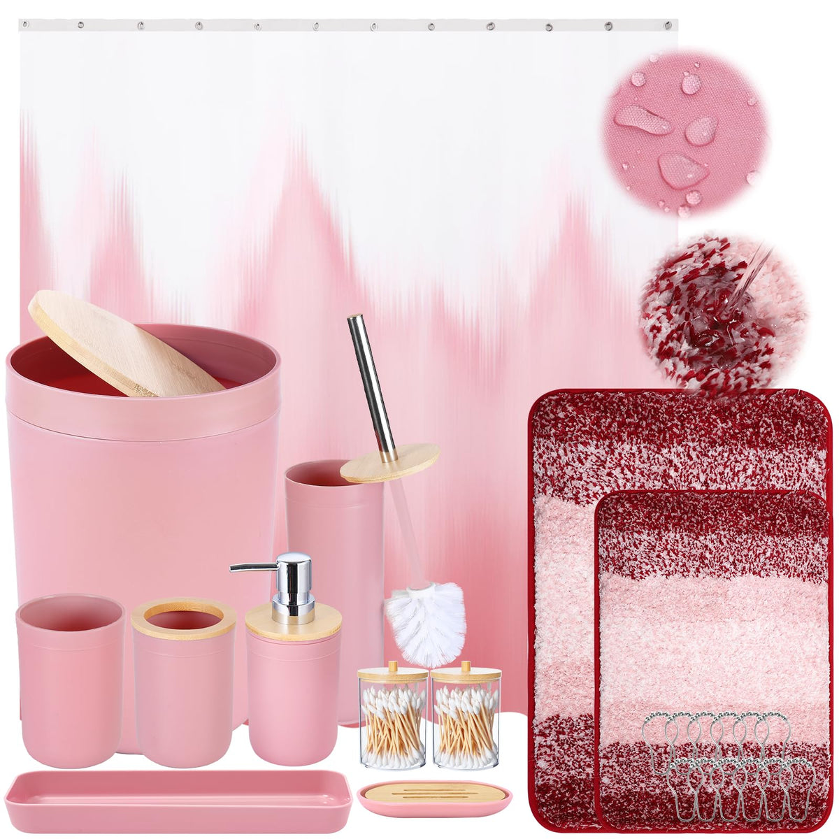 Imucci Bathroom Accessories Pink Bathroom Sets With Shower Curtain And Rug, Pink Ombre Waterproof Shower Curtain With Ultra Abso