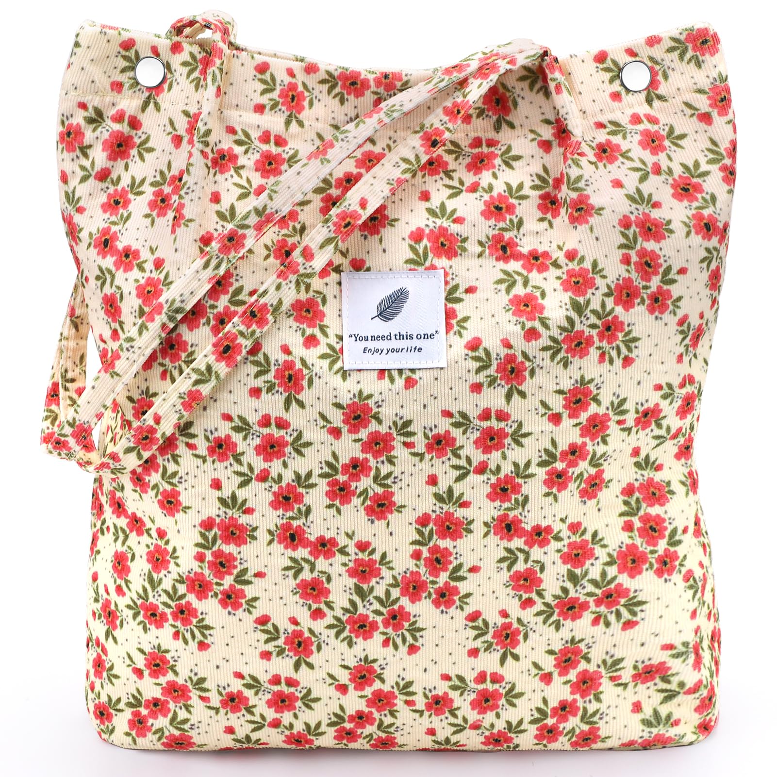 Lhmtqvk Corduroy Tote Bags For Women, Large Capacity Corduroy Bag Reusable Grocery Shoulder Bag With Inner Pockets(Floret)
