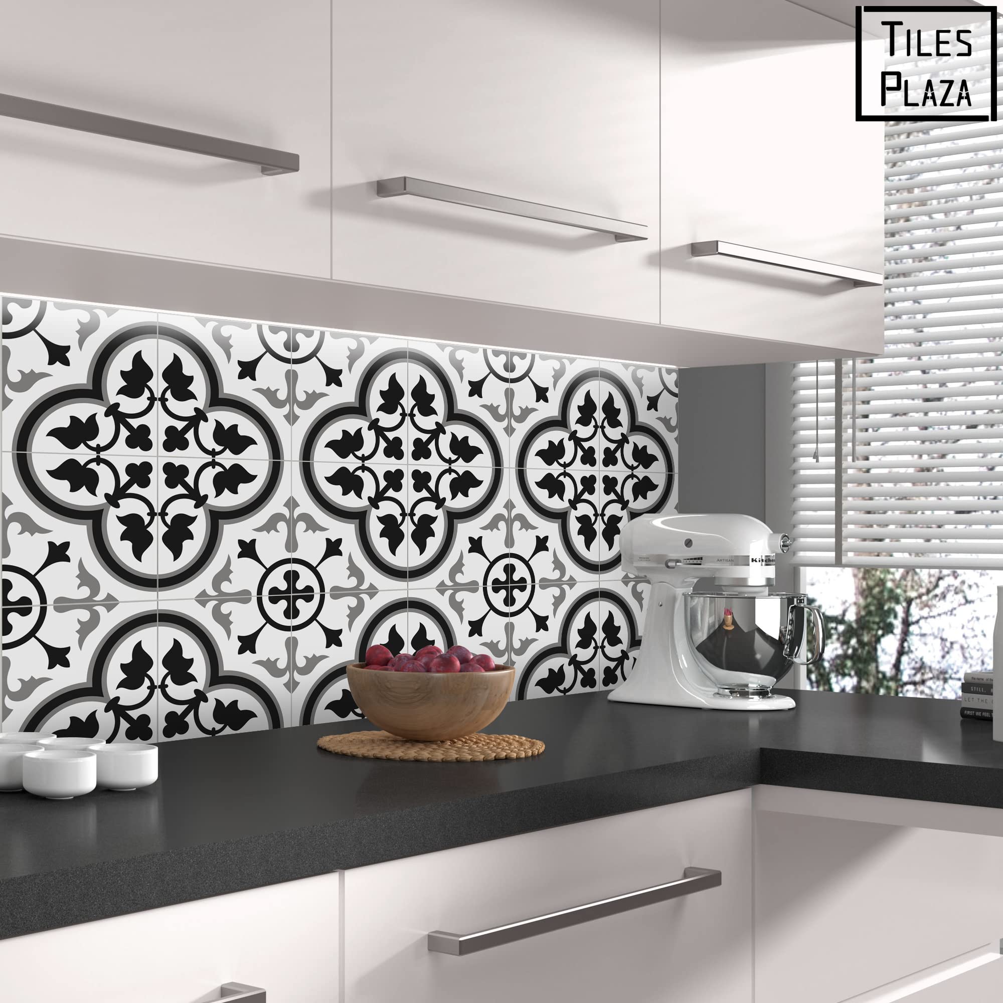 The Tiles Plaza Peel And Stick Encaustic Backsplash Tile. Grey Patterned Vintage Stick On Tile. Self-Adhesive Wall Tile Sticker