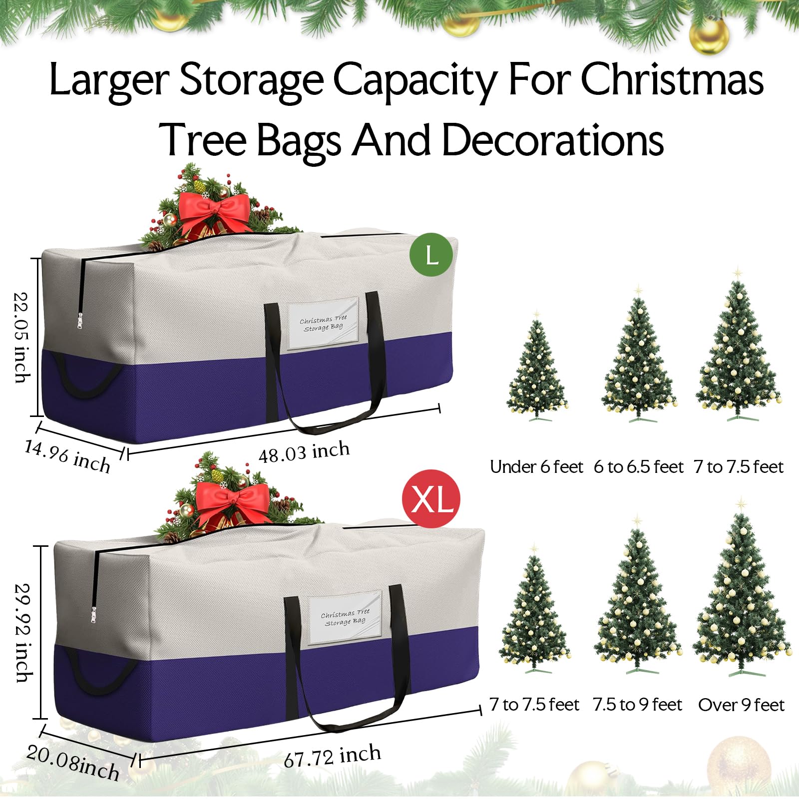 NAVTUE Christmas Tree Bag, Heavy Duty 600D Oxford, Fits Up to 10 FT Trees, Dampproof with Dual Zipper, White & Blue