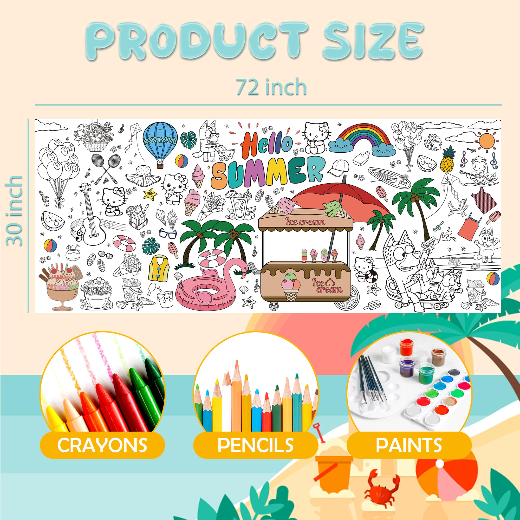 Summer Giant Coloring Poster/Tablecloth - Summer Toys - 30 x 72 Inches Jumbo Paper Coloring Banner - Kids Crafts Activities Gift