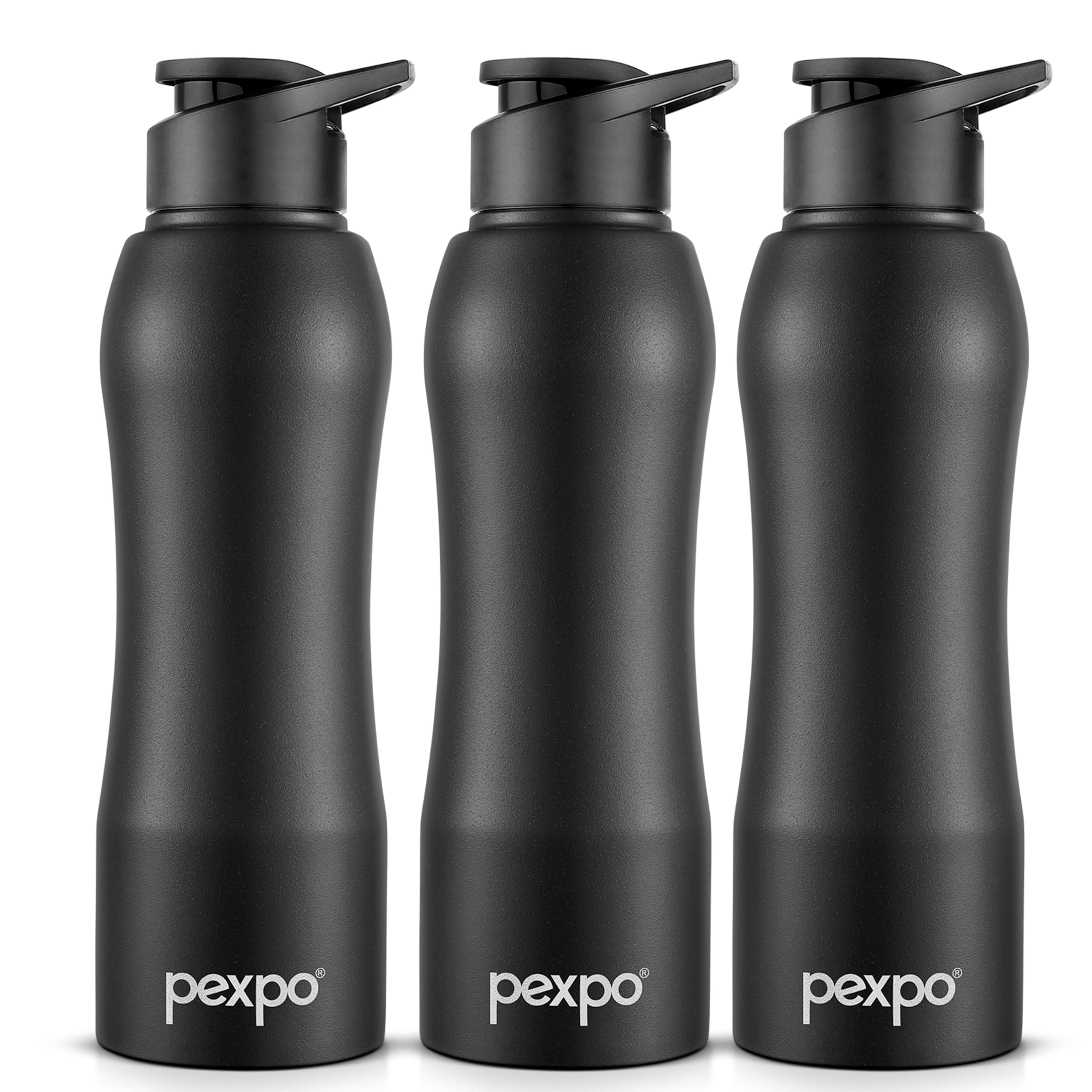 Pexpo Bistro Isi Certified Stainless Steel Fridge/Sports Sipper Water Bottle 1 Litre, Knight Black, Pack Of 3|Single Wall|Easy G