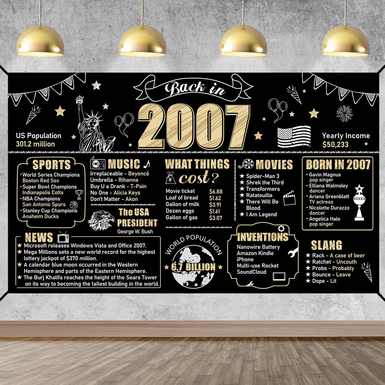 Large 18th Birthday Back in 2007 Banner Backdrop Decorations for Boys Girls, Black Gold 18 Birthday Poster Sign Party Supplies, 