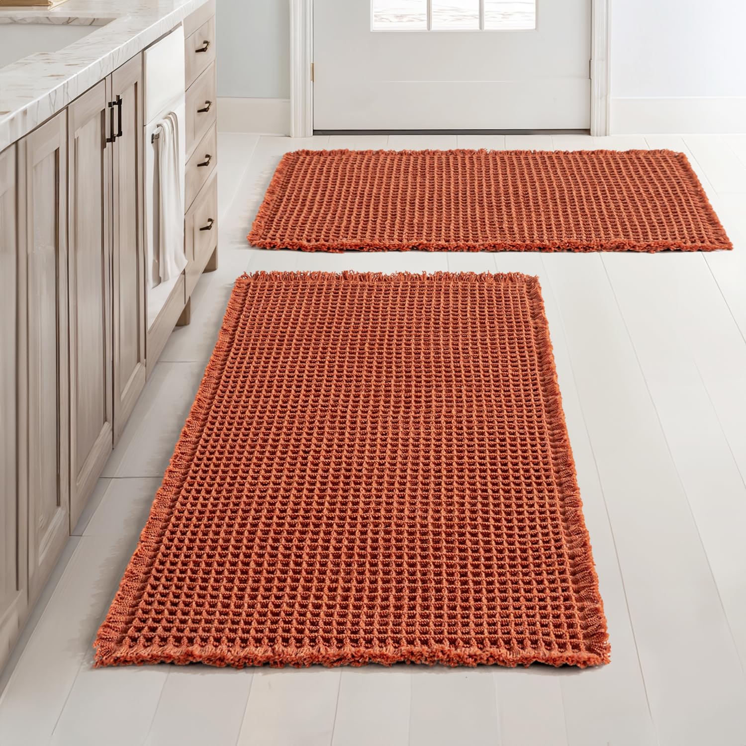 MIULEE Orange Set of 2 Waffle Bathroom Rugs, Boho Bath Rugs Non Slip Washable, Super Absorbent Bath Mats, Ultra Soft Rubber Back