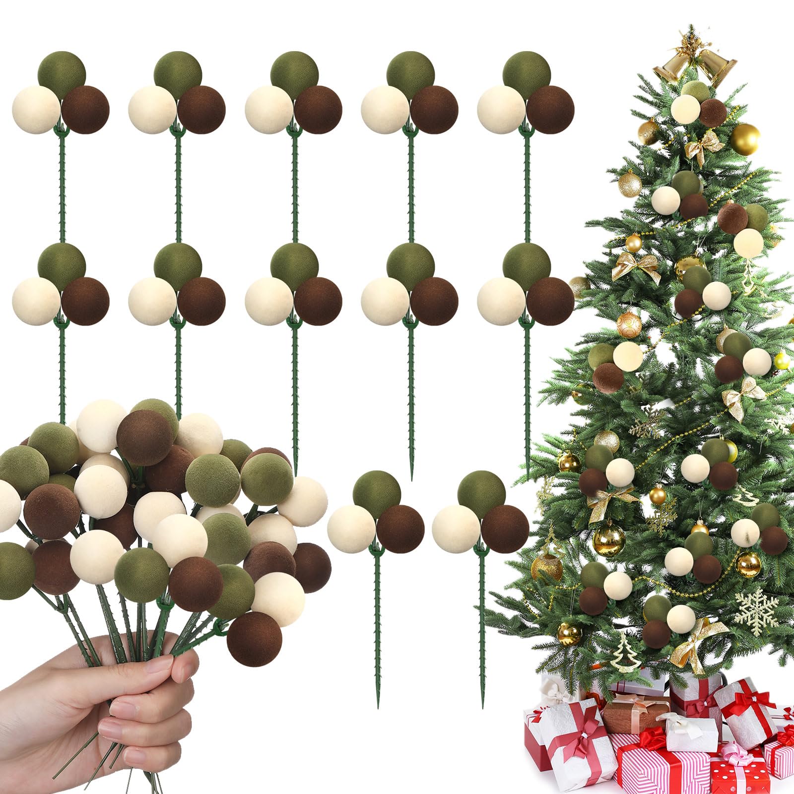 Syhood 12 Set 7.9 Inch Christmas Ball Ornaments on Wired Picks Shatterproof Xmas Brown Dark Green Beige Ball Picks for Christmas