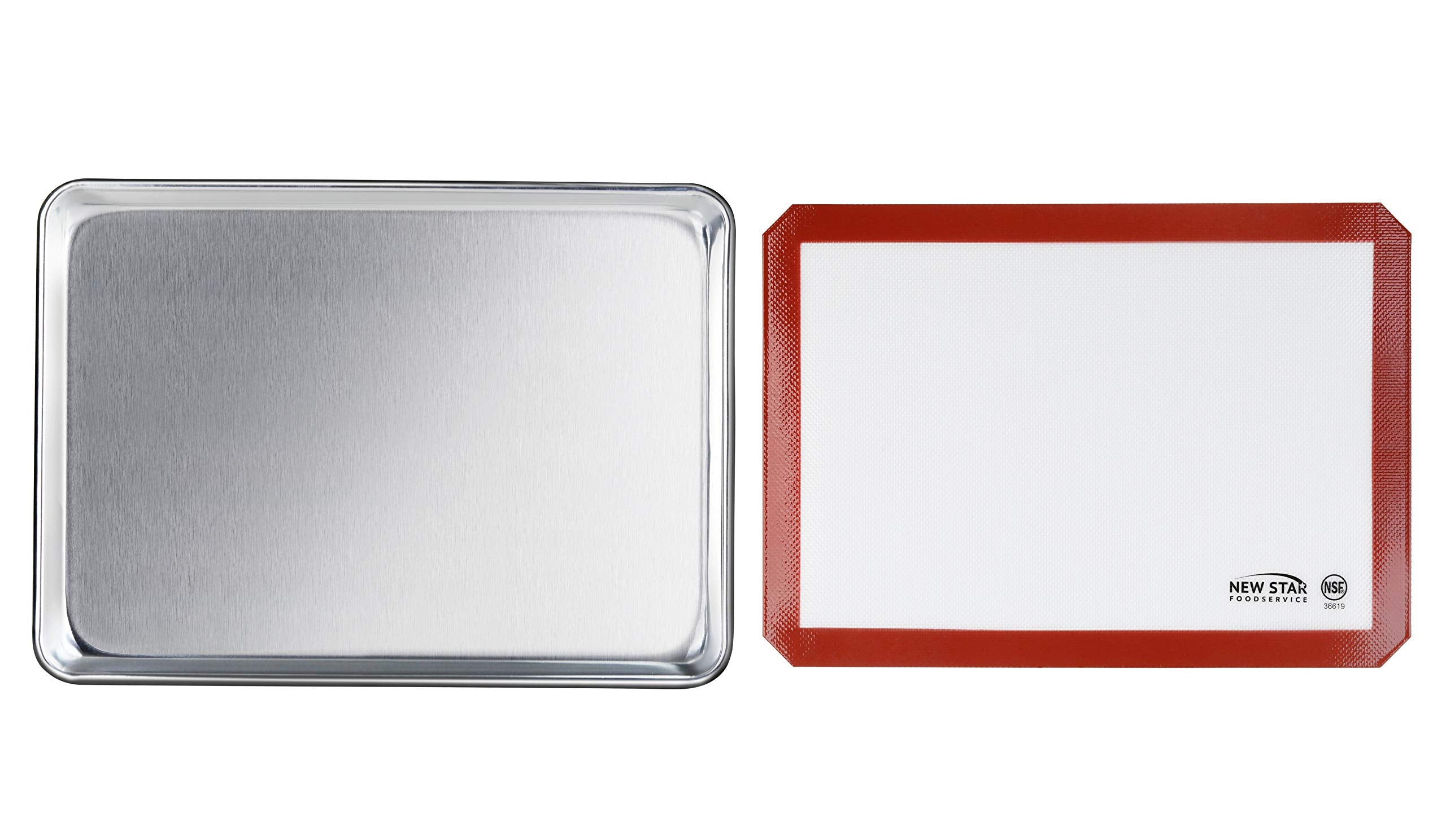 New Star Foodservice 38439 Commercial-Grade 18-Gauge Aluminum Sheet Pan/Bun Pan & Silicone Baking Mat Set, 13'' L X 18'' W X 1''