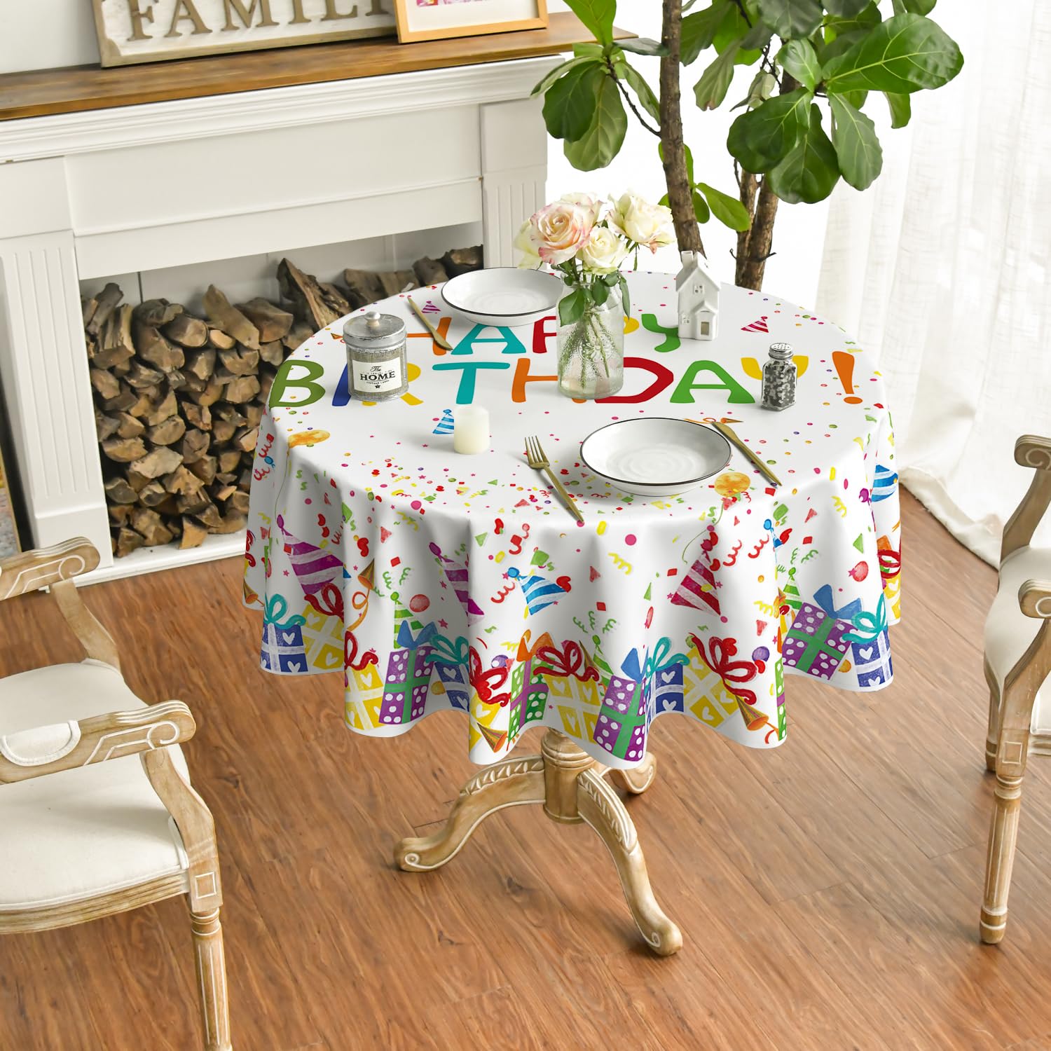 Horaldaily Birthday Round Tablecloth 70  70 Inch Round, Happy Birthday Balloon Washable Table Cover For Party Picnic Dinner Deco