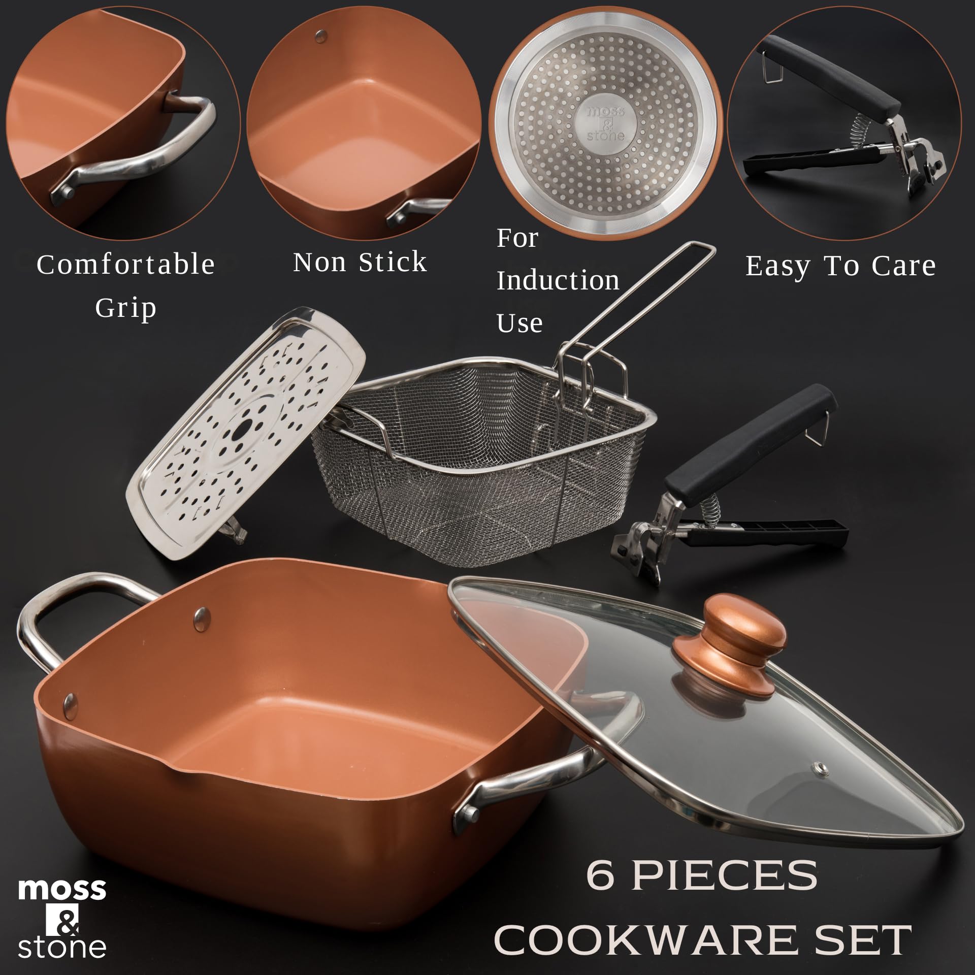 Moss & Stone Copper 6 Piece Set Chef Cookware, Non Stick Pan, Deep Square Pan, Fry Basket, Steamer Tray, Dishwasher & Oven Safe,