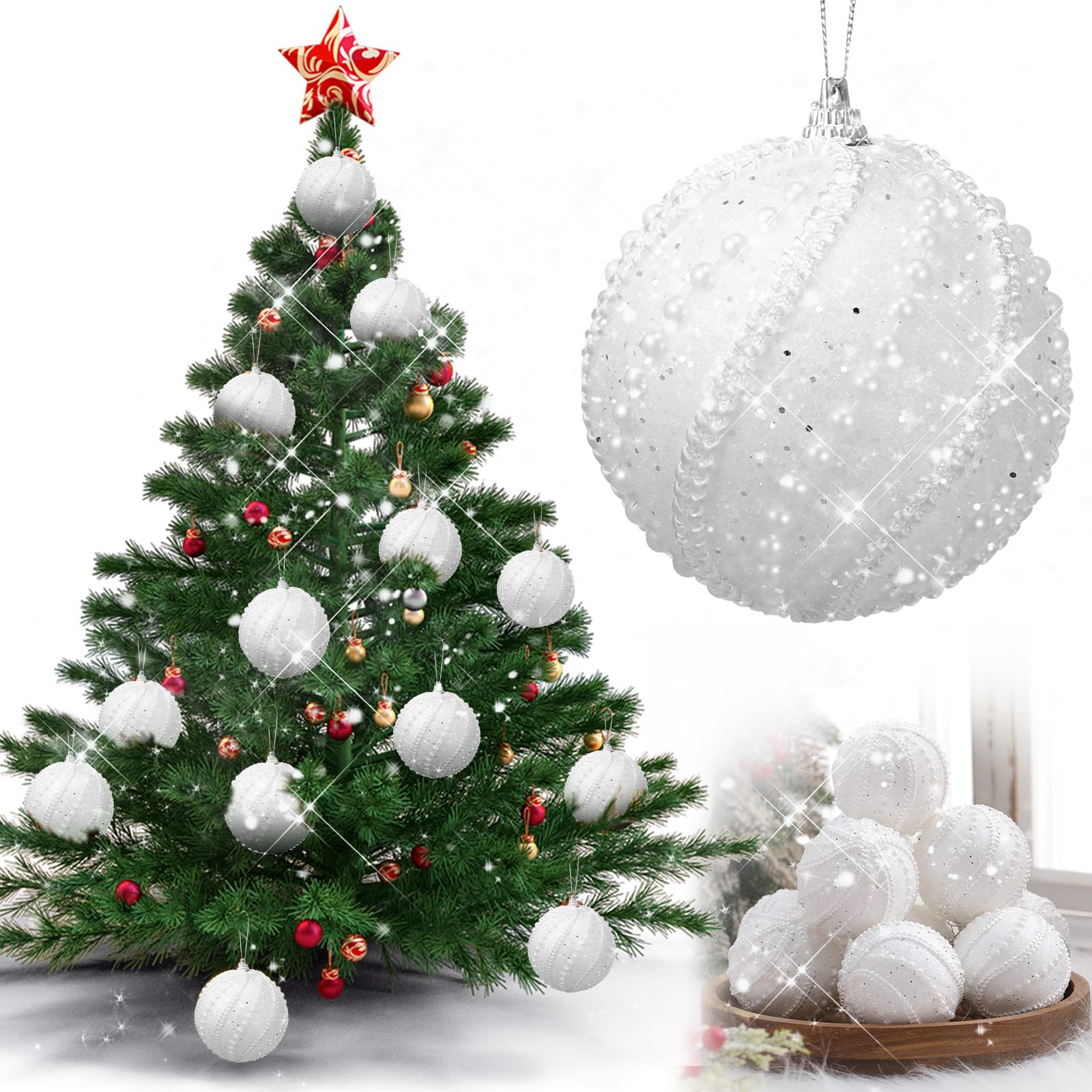 Leitee 12 Pcs 3.15 Glitter Christmas Balls Ornaments Sequin Shatterproof Foam Christmas Tree Decorations Glitter Hanging Pearl B