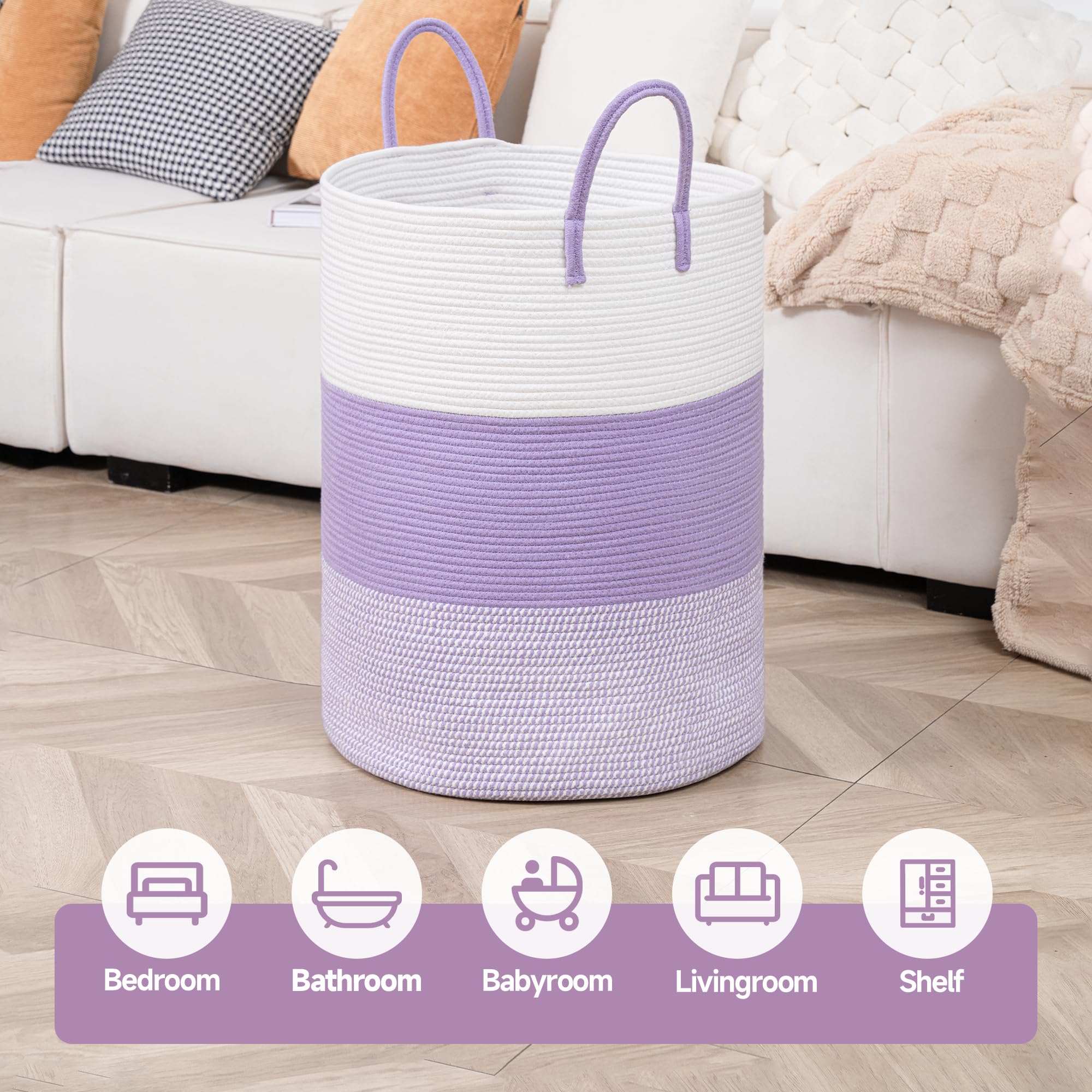 Clhmily&Z 100L Laundry Basket Round Storage Rope Basket - 18.1X24 Inches - Lavender Hamper In Bedreoom And Cute Storage Bin For
