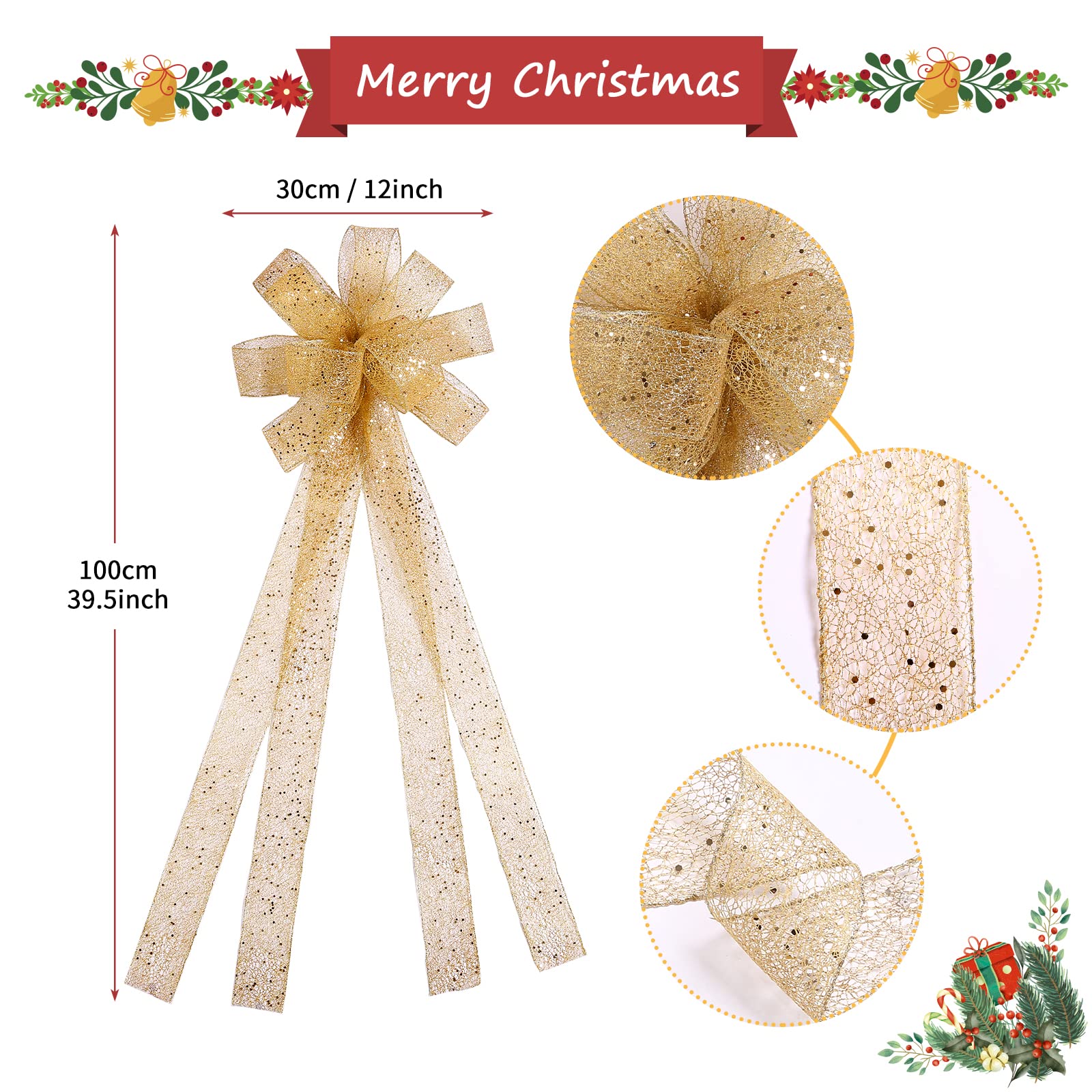 GWHOLE Gold Glitter Christmas Tree Toppers, 40 x 12 Inch Ribbon Bows for Christmas Tree House Xmas Decoration Supplies (Champaig