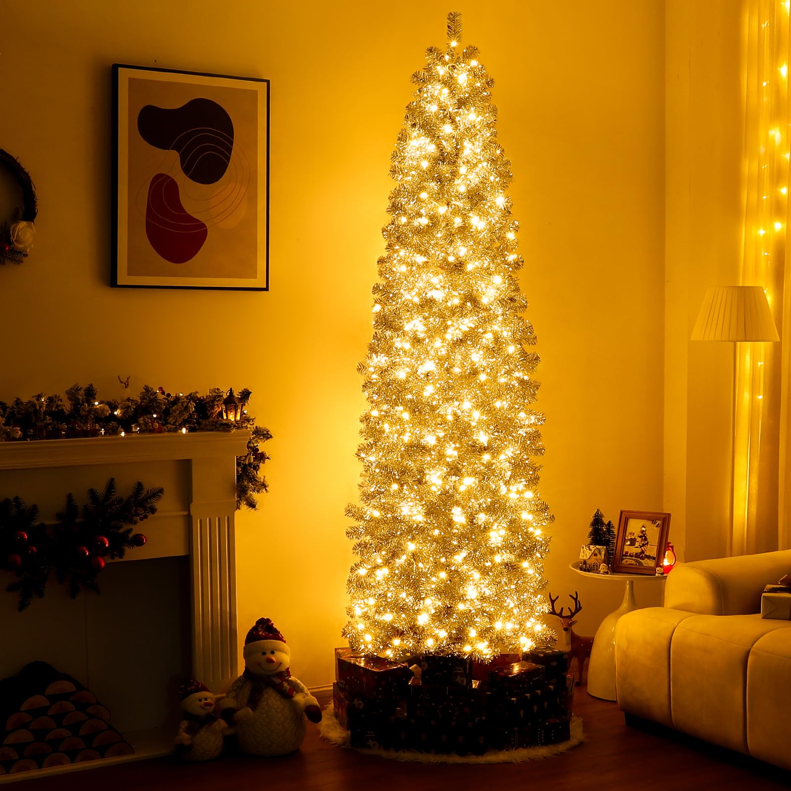 Decoway Pre-lit Pencil Christmas Tree 7.5ft Artificial Silver Tinsel Xmas Tree with Metal Stand