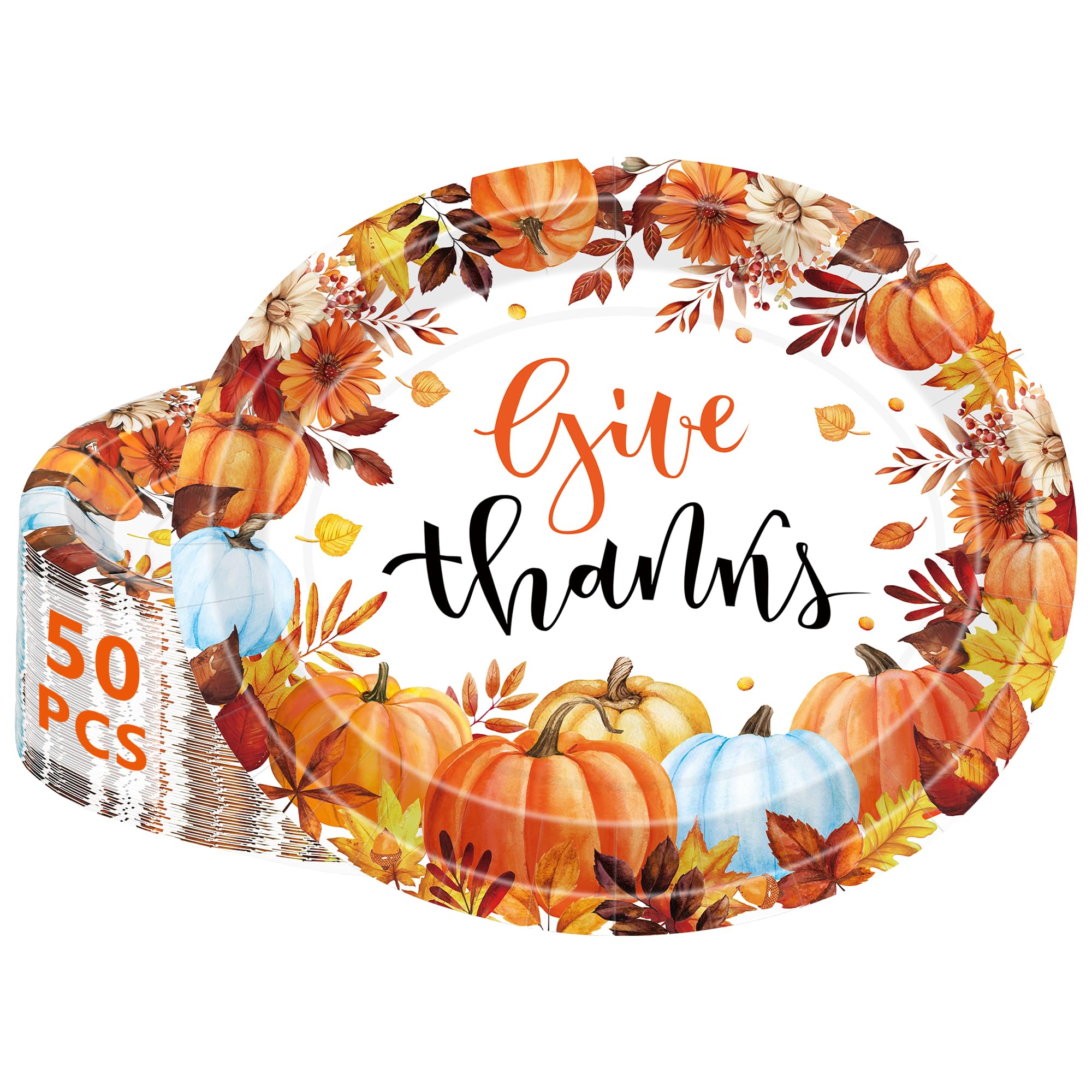 QZYL 50 Pcs Thanksgiving Paper Plates, 12.2 x 10.2 Inches Oval Paper Plates, Large Give Thanks Autumn Dinnerware, Pumpkin Dispos