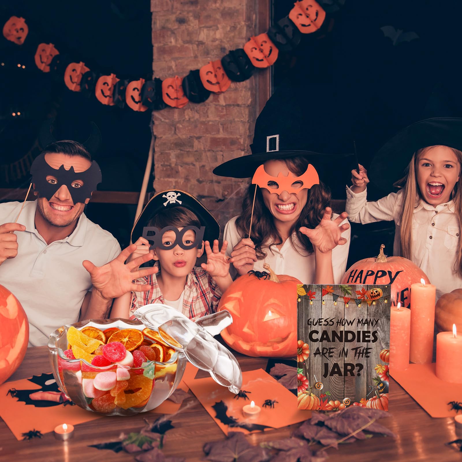 Yungyan 52 Pcs Halloween Glass Candy Jar with Lid Guess How Many Candies Set Includes 1 Standing Sign 50 Pcs Guessing Cards 1 Pu