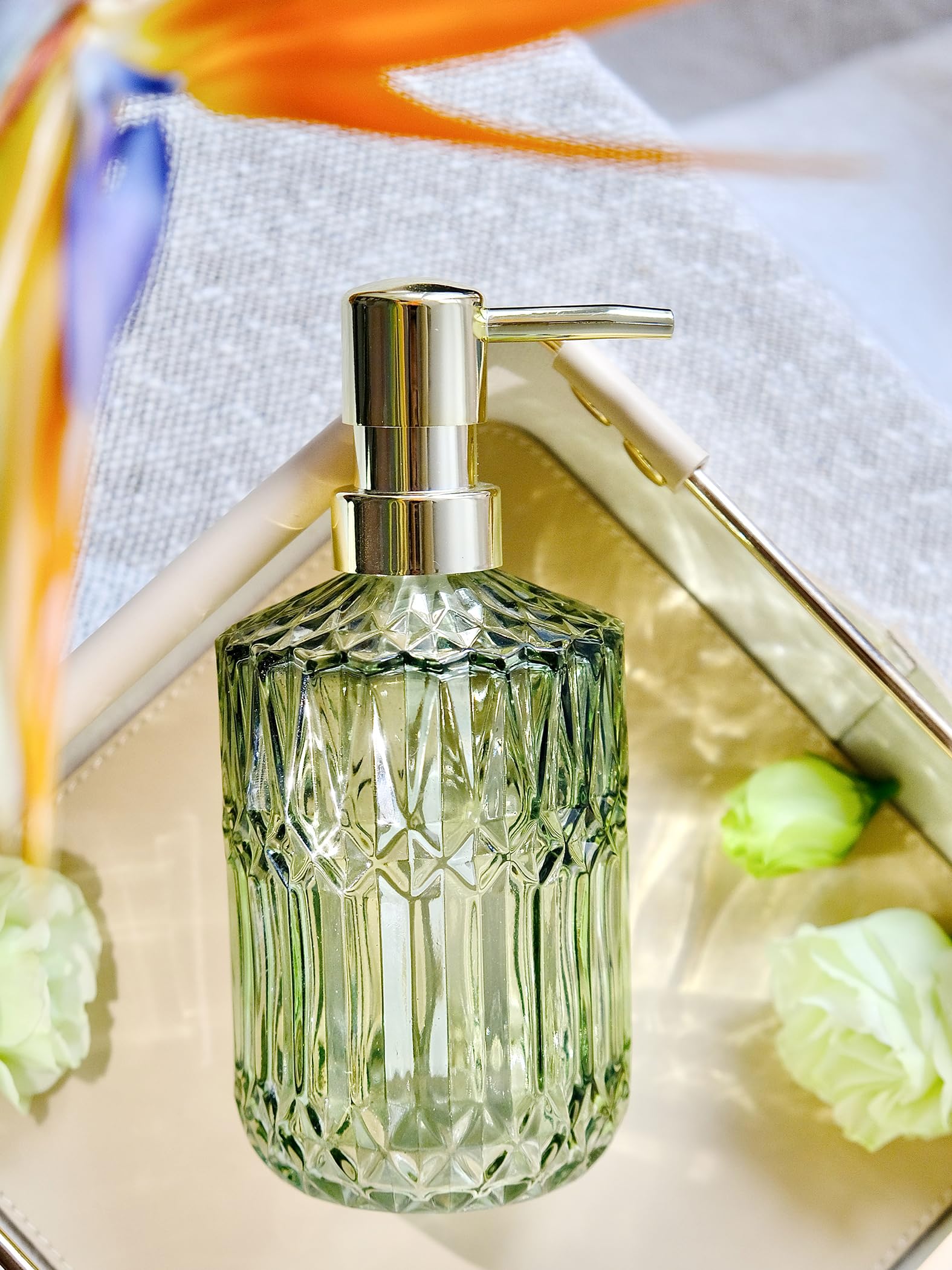 Lamarriti Clear Soap Dispenser With Rust Proof Pump, Green Glass Hand Dispenser, 13.5 Oz Dish Soap Dispenser For Bathroom And Ki