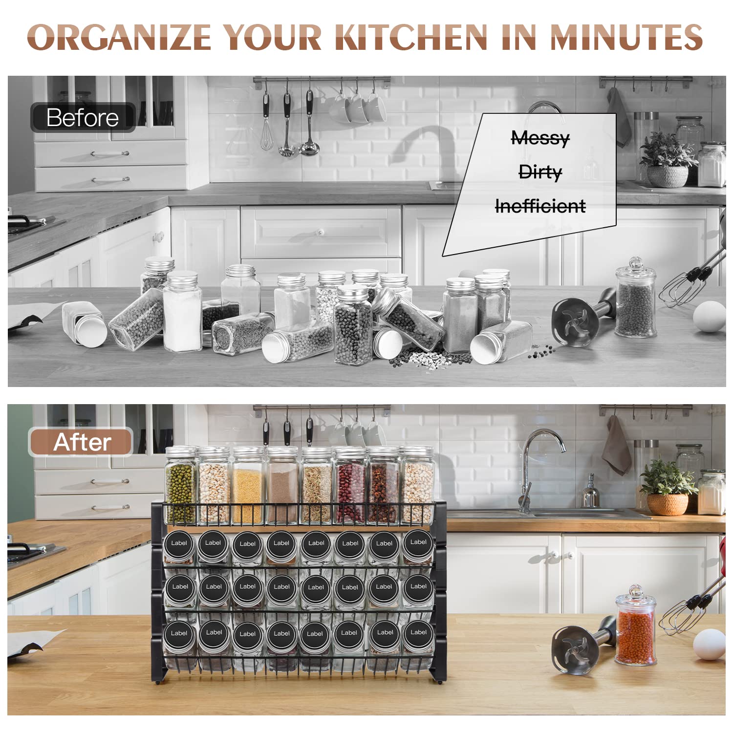 JONYJ 4 Tier Stackable Seasoning Rack Organizer, Detachable Countertop Spice Jar Rack for Cabinet, Freestanding , Black Frosted