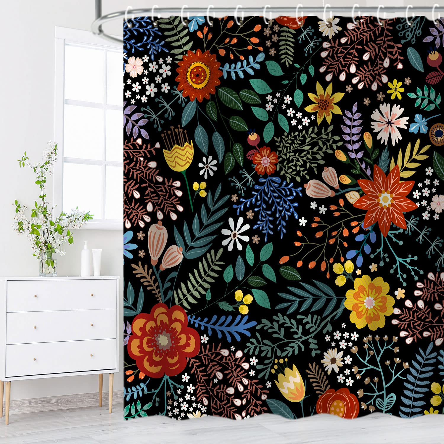 Livilan Black Floral Shower Curtain For Bathroom Flower Shower Curtain Dark Shower Curtains Colorful Unique Boho Shower Curtain