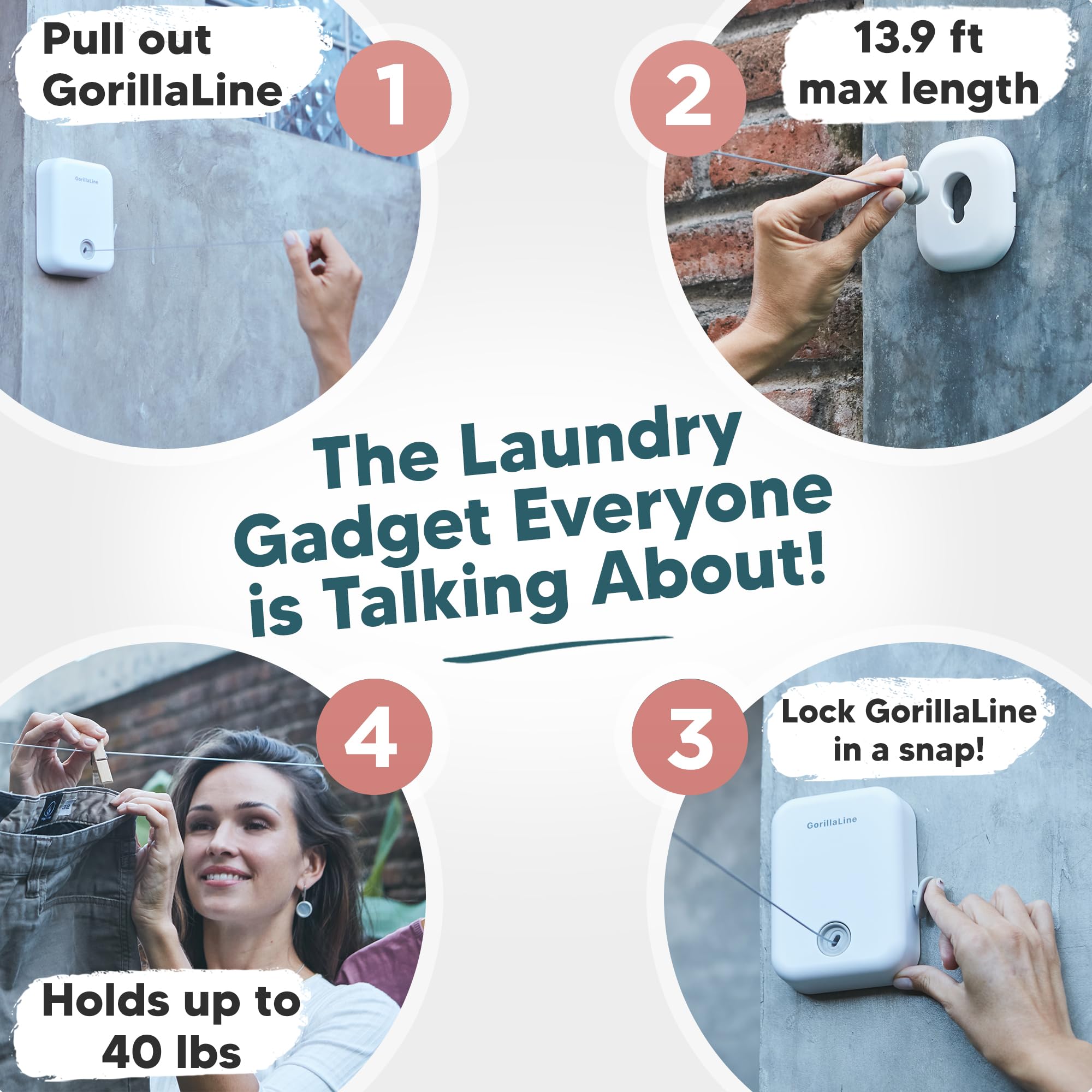 GorillaLine - Retractable Clothesline Indoor Outdoor Clothes Line | Heavy Duty Clothes Drying Laundry Line | Wall Mounted Drying Rack Clothing Line | Retracting Hanging | Features Secure Lock System