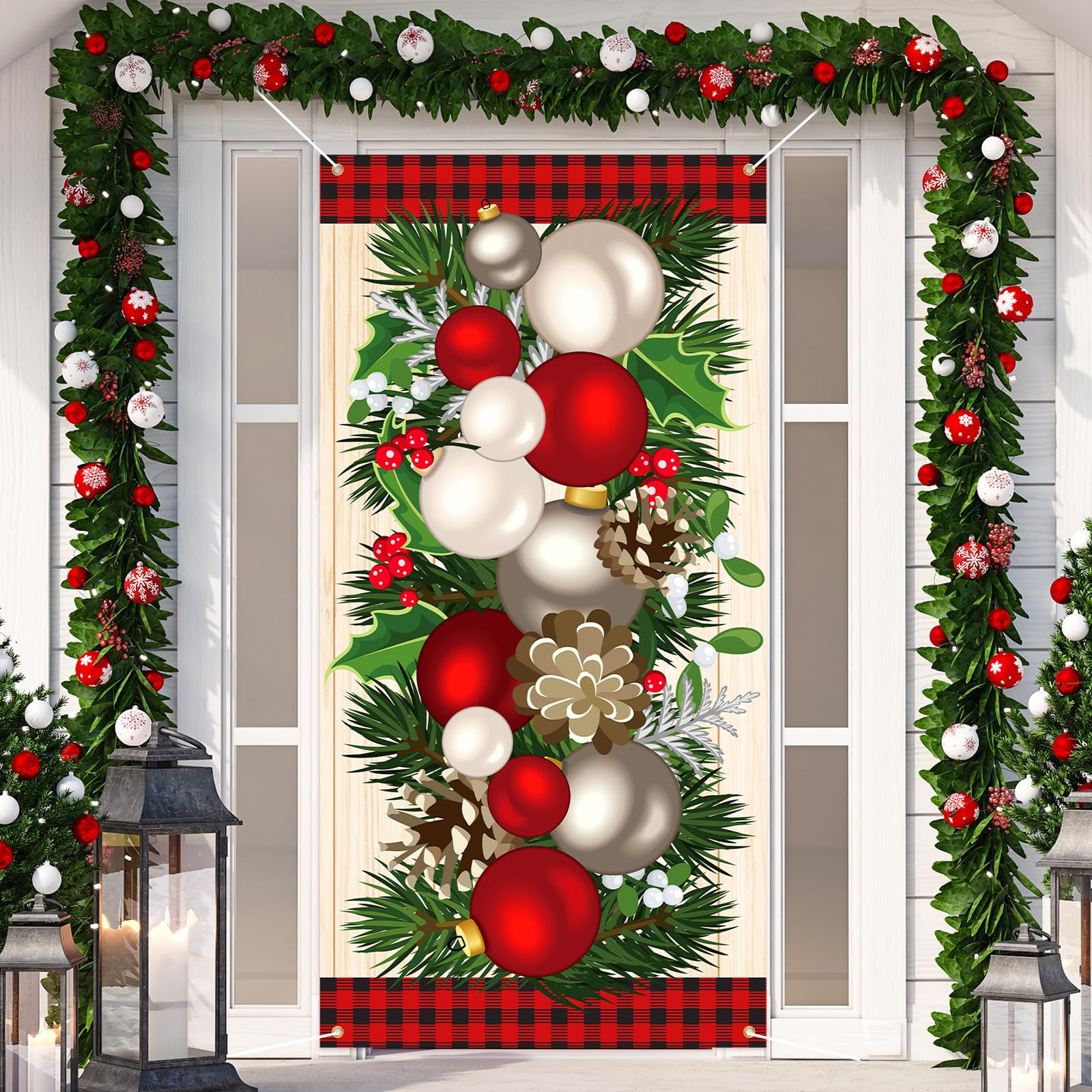 Buryeah Christmas Door Cover Christmas Ball Door Decorations Xmas Photography Background Banner Porch Sign for Front Outdoor Win