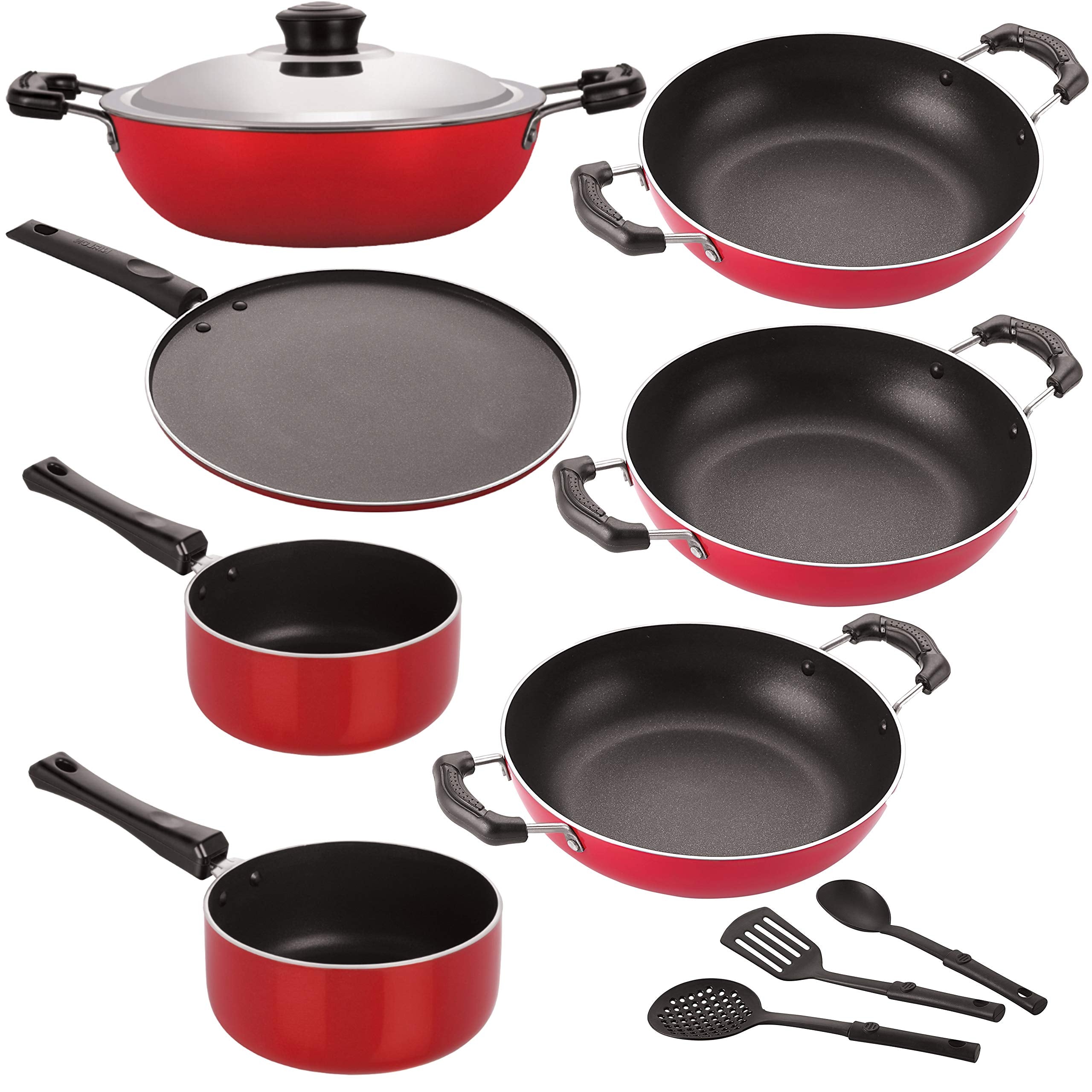 Nirlon Non Stick Pfoa Free Scratch Resistant Coating Cookware Set Of10 Pieces (2.6Mm_Dkd(J)_Kd12_Kd13_Kd14_Sp(B)_Sp(M)_St12_3Spo