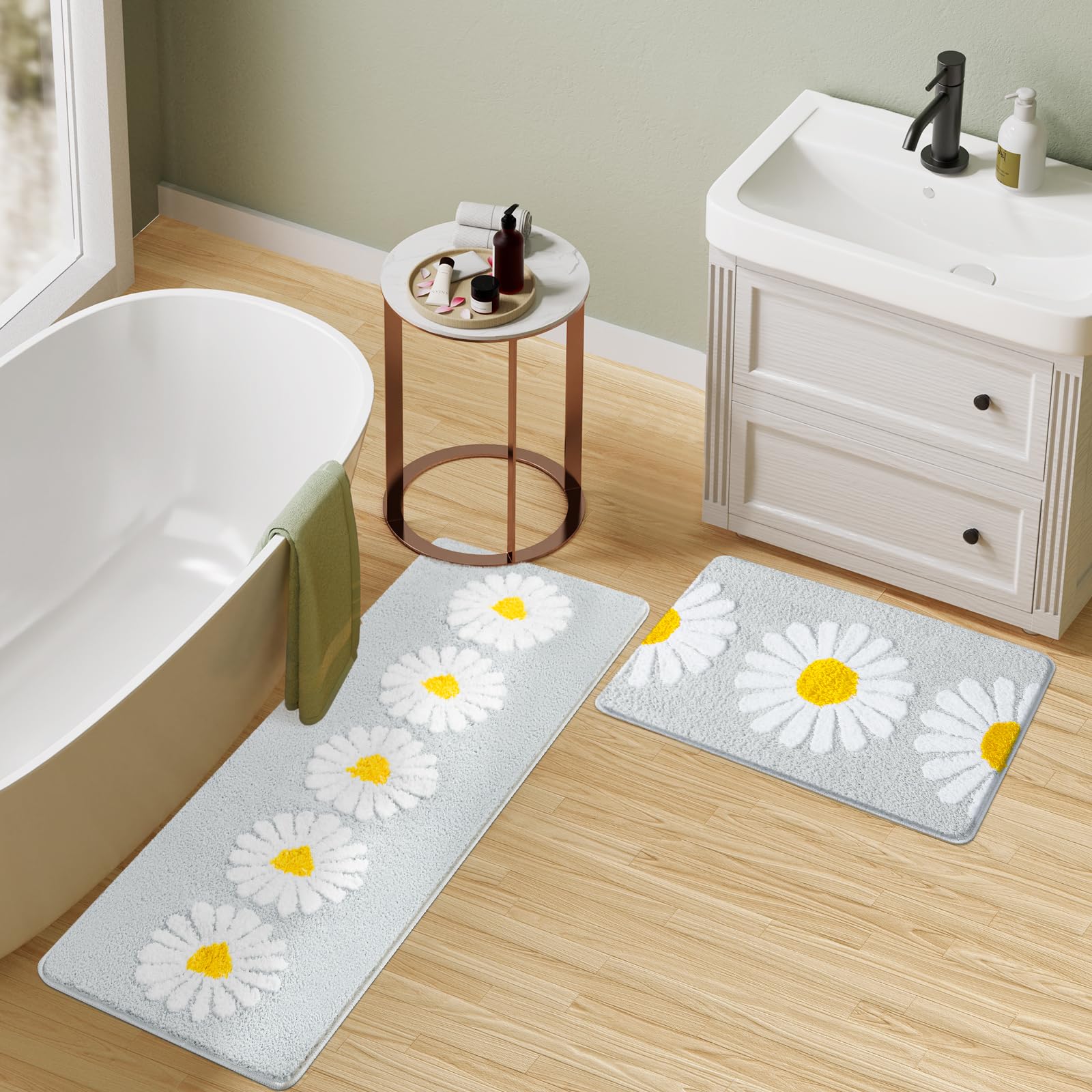 Sunhop Grey Bathroom Runner Rug, Microfiber, Non-Slip, 47" x 20", Extra Soft, Machine Washable, Cute Flower Design, HD-50x120-Light Grey