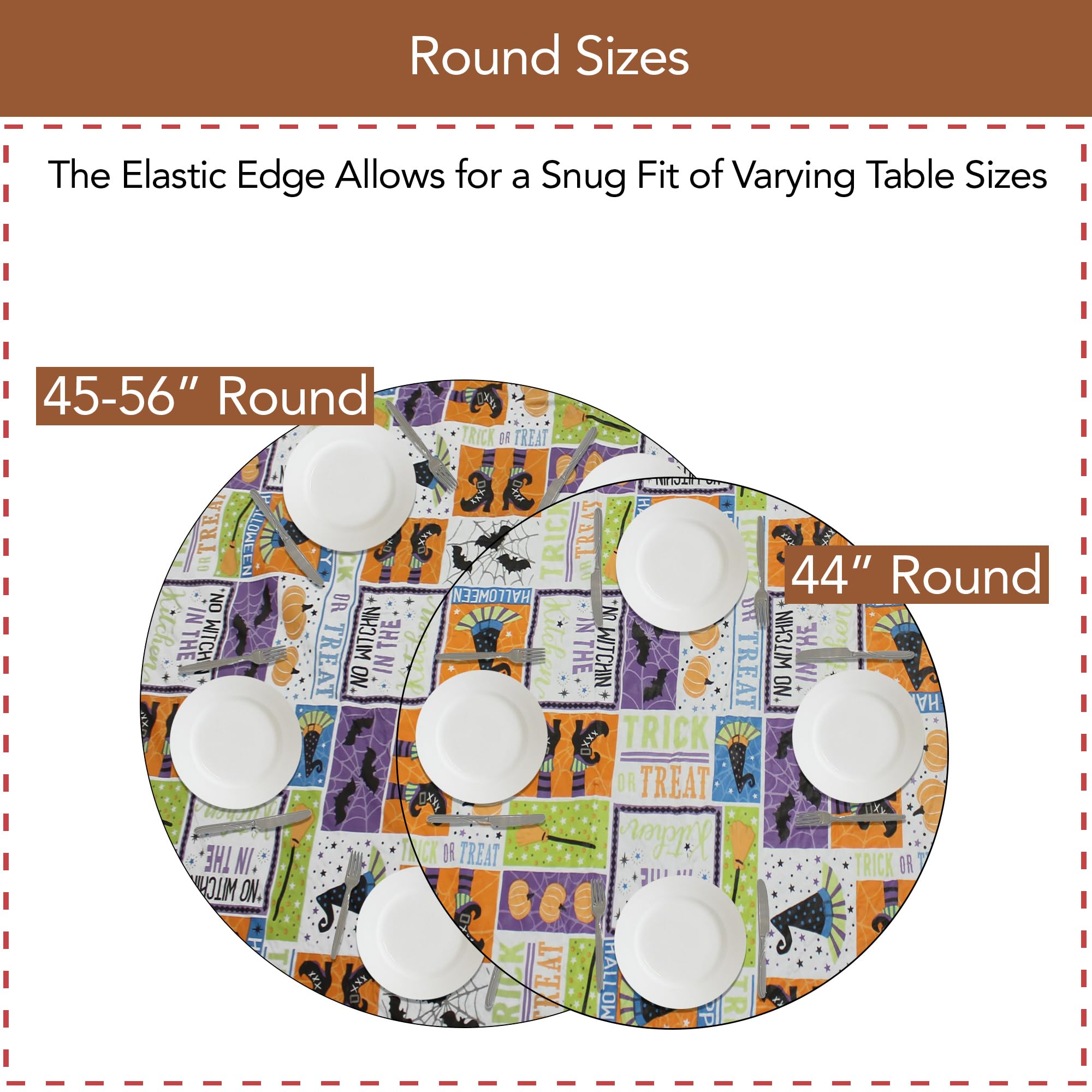 Covers For The Home Deluxe Elastic Edged Flannel Backed Vinyl Fitted Table Cover - Halloween Witchy Patchwork- Large Round Oblon