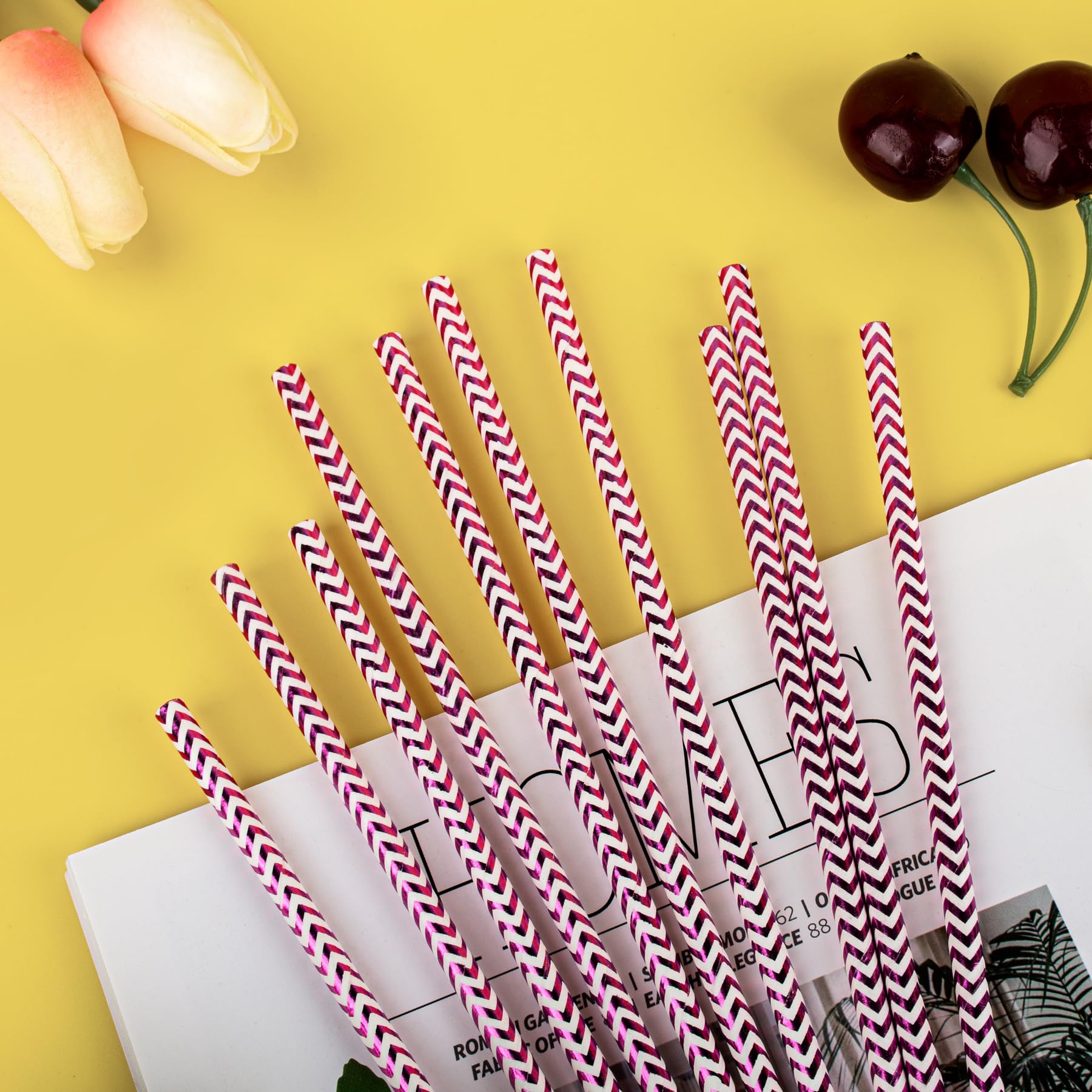 Paktalk Paper Straws Disposable, 100Pack Metallic Rose Gold Wave Paper Straws For Drinking, Crafts, Valentines, Holiday, Party (