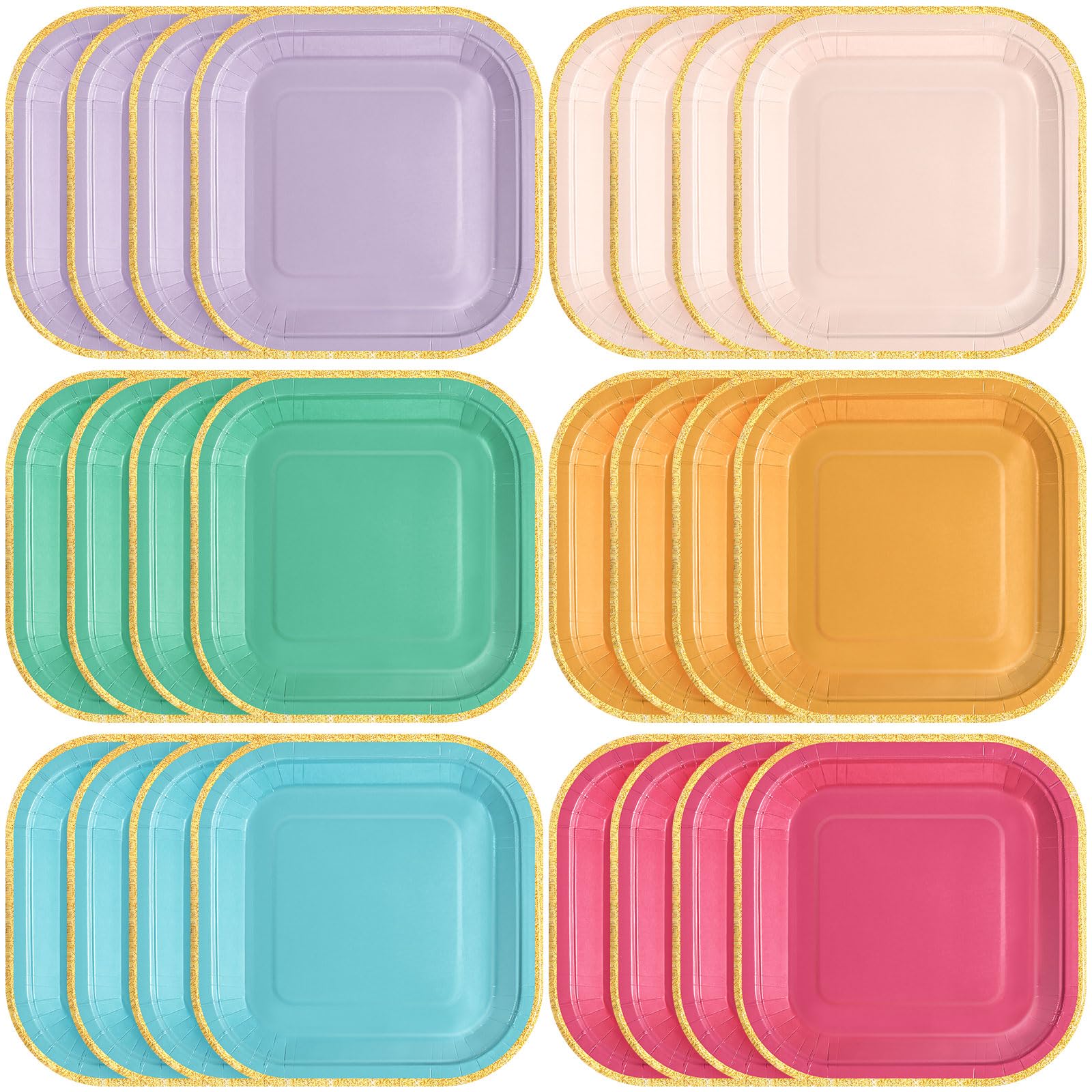 Tiangrid 60 Pcs Colorful Paper Plates 7 Inch Rainbow Candy Color Disposable Square Dessert Party Plates with Gold Edge for Birth