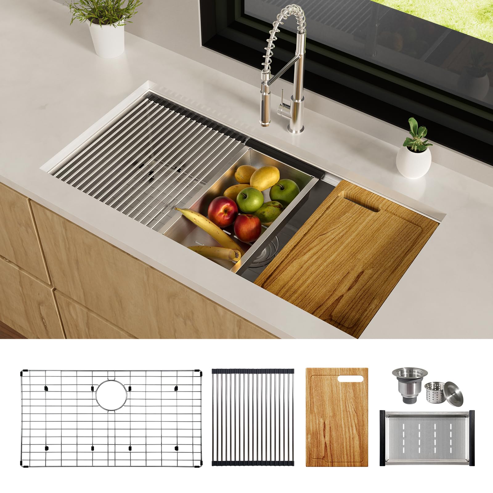 36 Inch Workstation Kitchen Sink,Tecasa Undermount Deep Single Bowl, 16 Gauge Stainless Steel With Integrated Ledge And Accessor