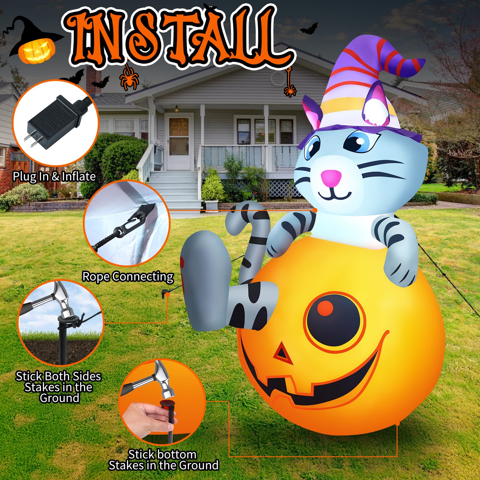 5.5ft Halloween Inflatables Cute Pumpkin Cat Outdoor Decorations Blow Up Yard Decor with Witch Hat Outside Kids Friendly Hallowe
