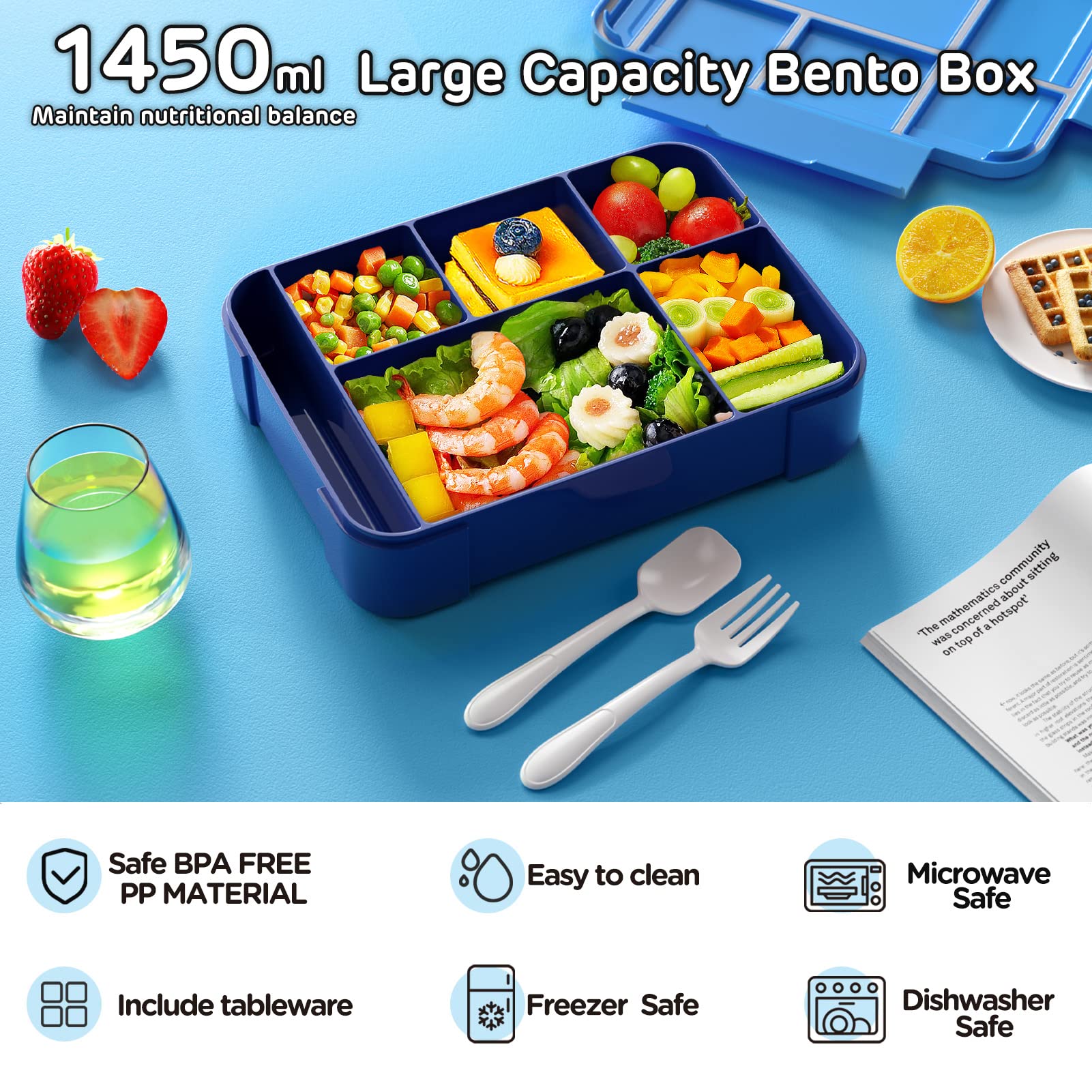 Jelife Bento Lunch Box For Kids - 1450Ml Leakproof Kids Bento Box 6 Compartments Toddler Lunch Boxes With Silverware For Back To